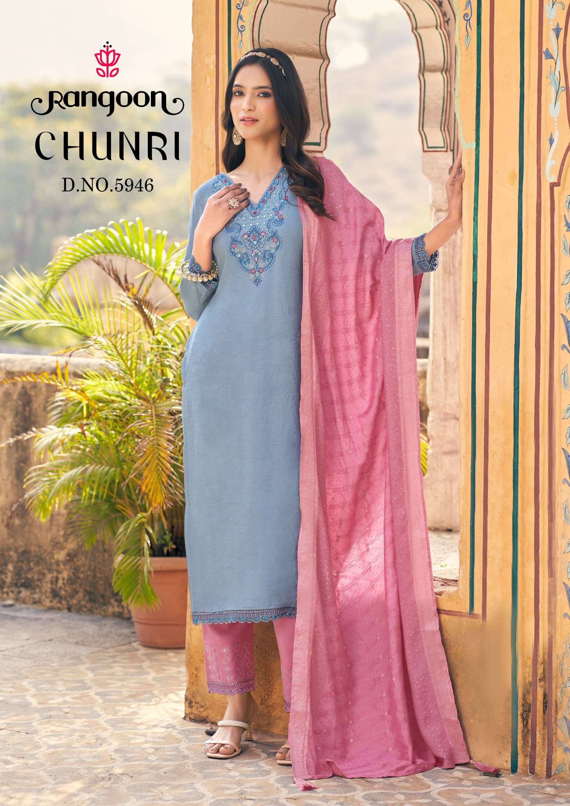RANGOON CHUNRI VISCOSE FANCY EMBROIDERIES KURTI COMBO SET 