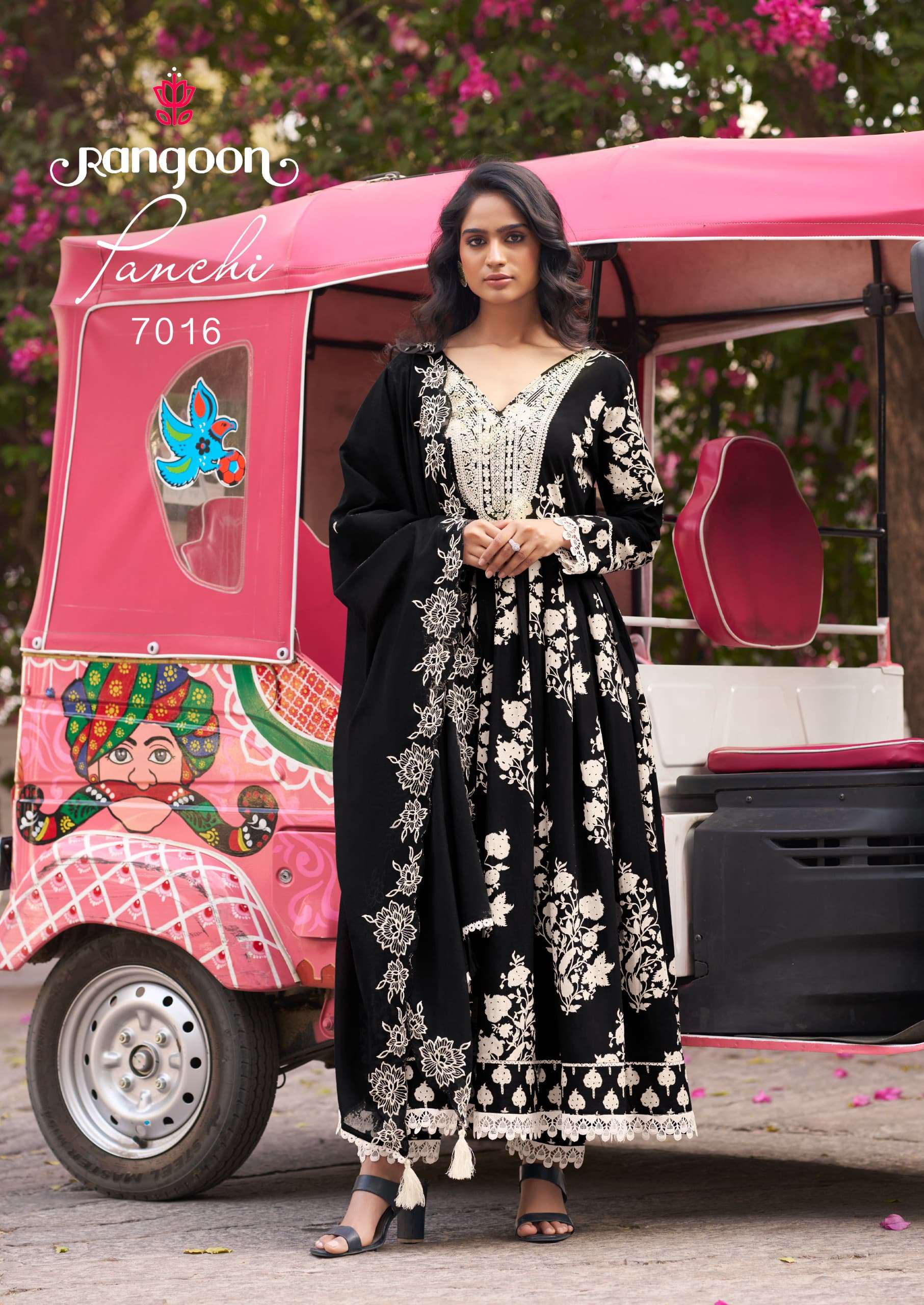 RANGOON PANCHI COTTON PRINT FANCY LONG GOWN WITH BOTTOM AND DUPATTA SET
