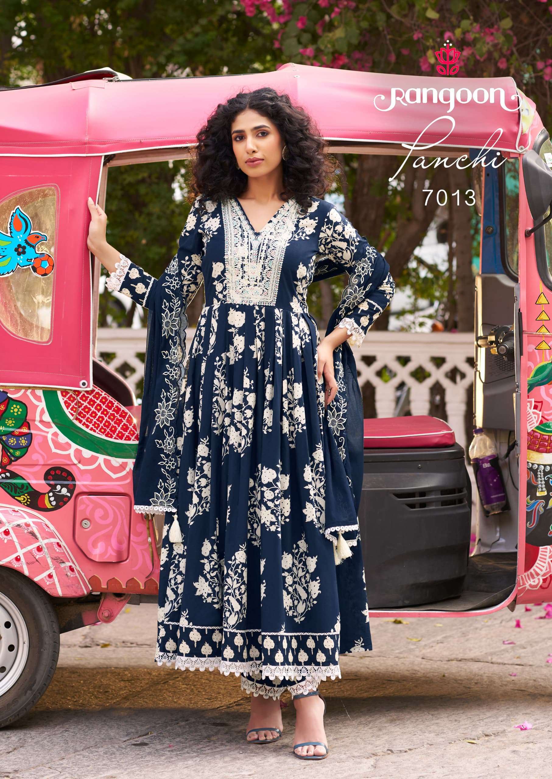 RANGOON PANCHI COTTON PRINT FANCY LONG GOWN WITH BOTTOM AND DUPATTA SET