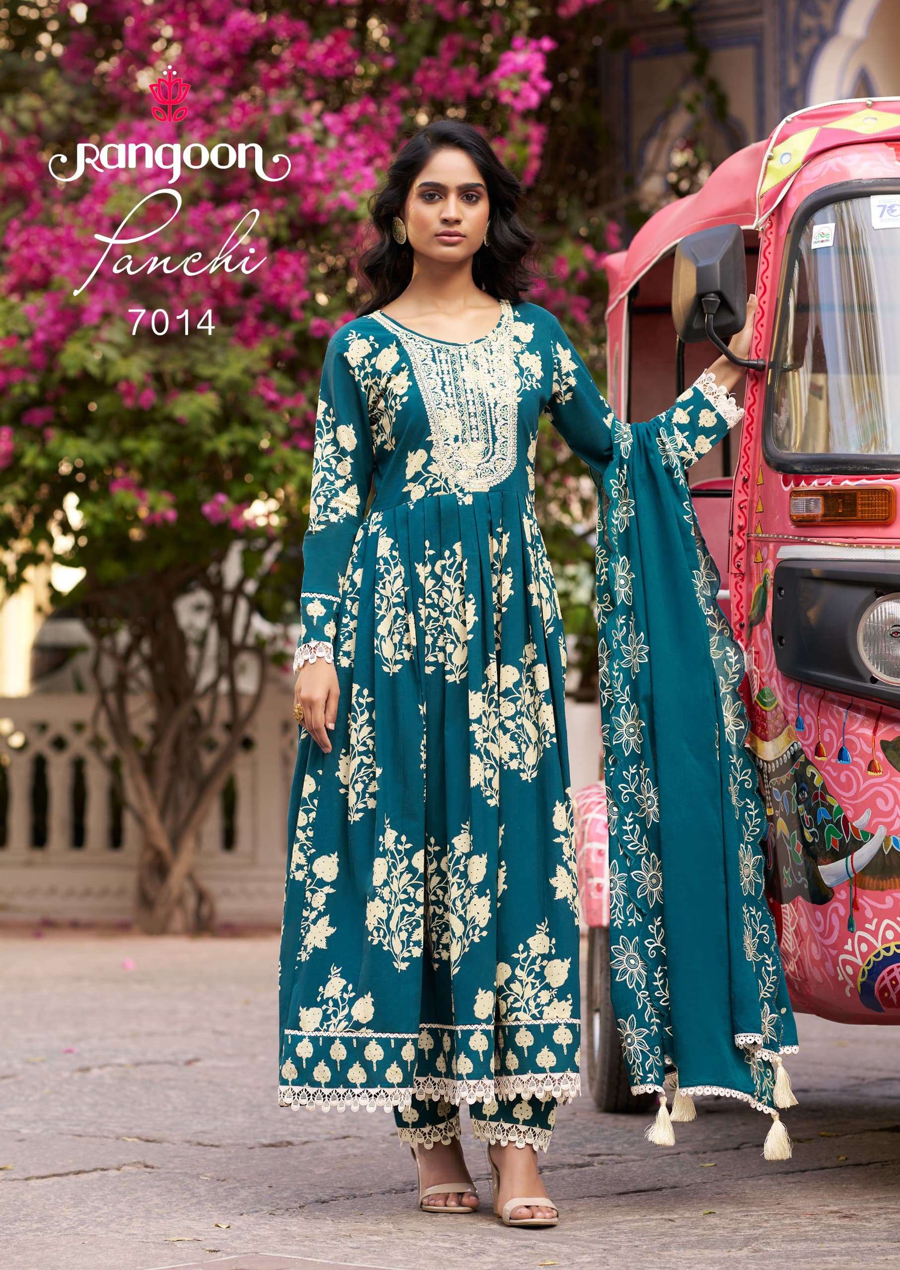 RANGOON PANCHI COTTON PRINT FANCY LONG GOWN WITH BOTTOM AND DUPATTA SET