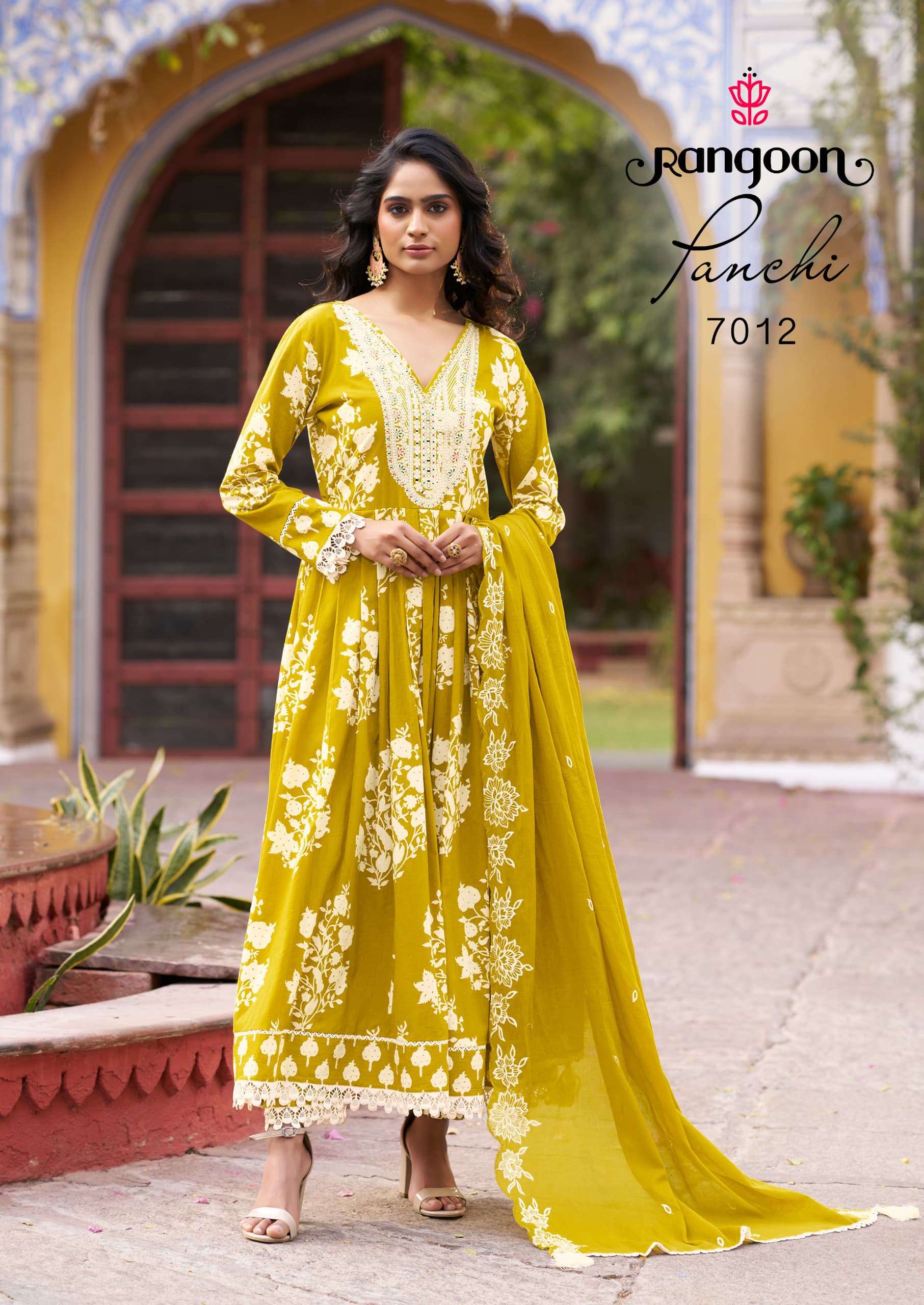 RANGOON PANCHI COTTON PRINT FANCY LONG GOWN WITH BOTTOM AND DUPATTA SET