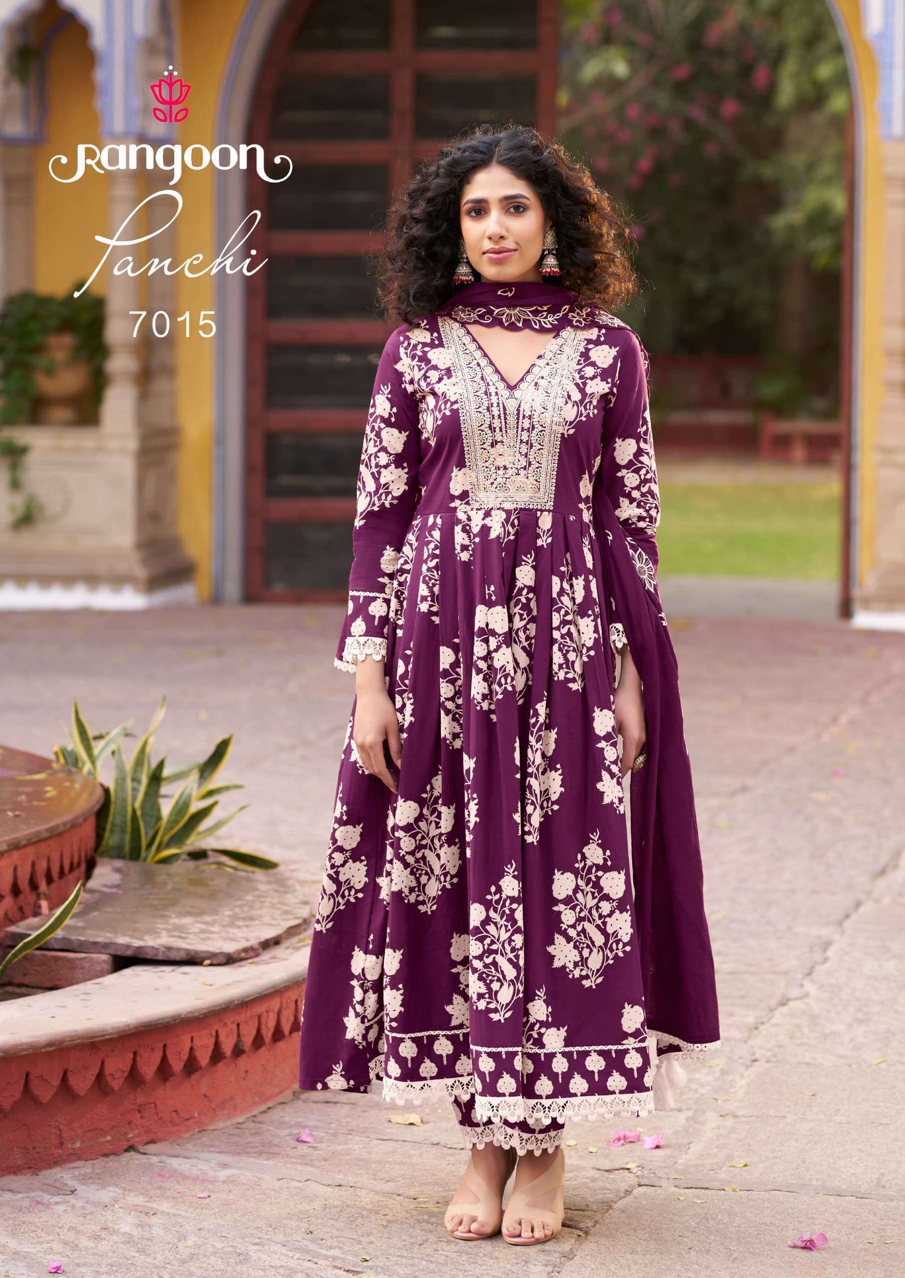RANGOON PANCHI COTTON PRINT FANCY LONG GOWN WITH BOTTOM AND DUPATTA SET