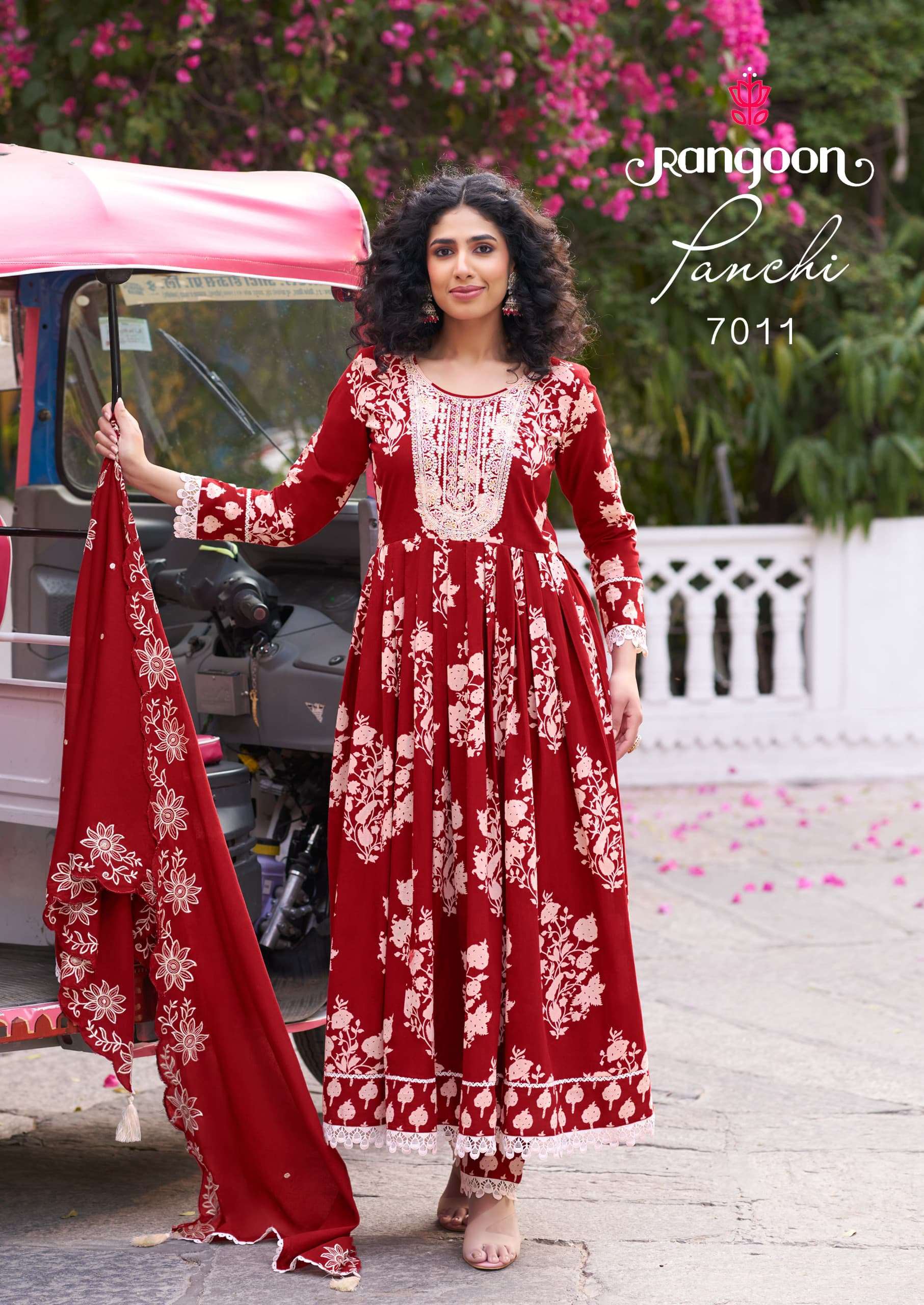 RANGOON PANCHI COTTON PRINT FANCY LONG GOWN WITH BOTTOM AND DUPATTA SET