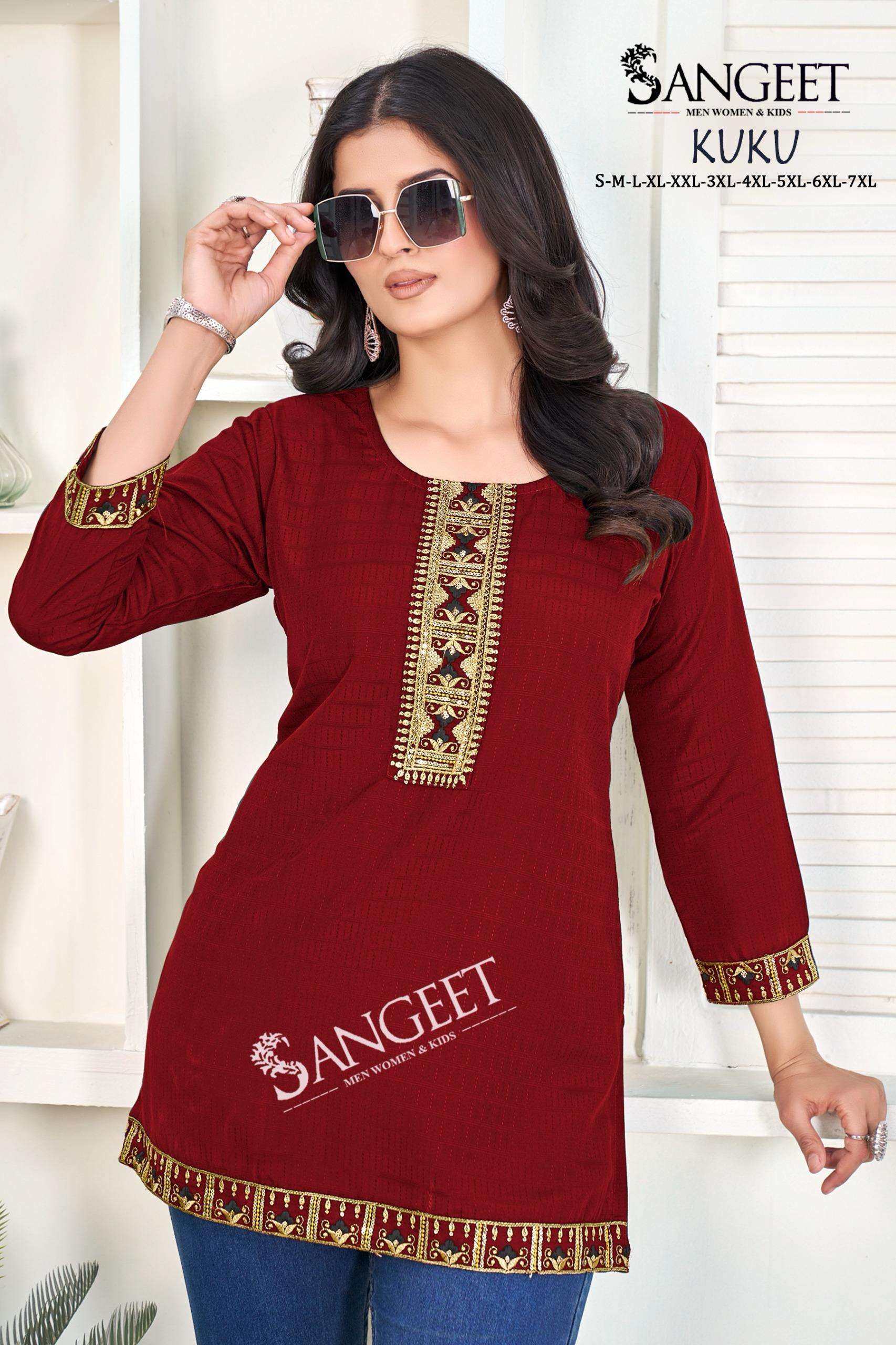 SANGEET KUKU RAYON FANCY WORK LADIES SHORT KURTI