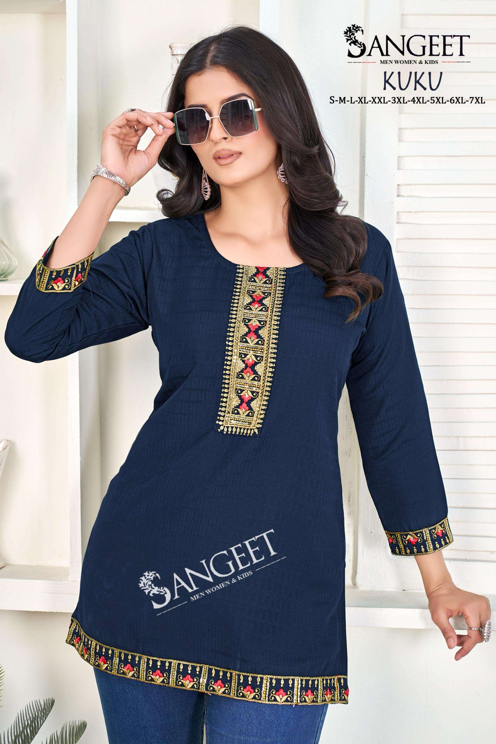 SANGEET KUKU RAYON FANCY WORK LADIES SHORT KURTI