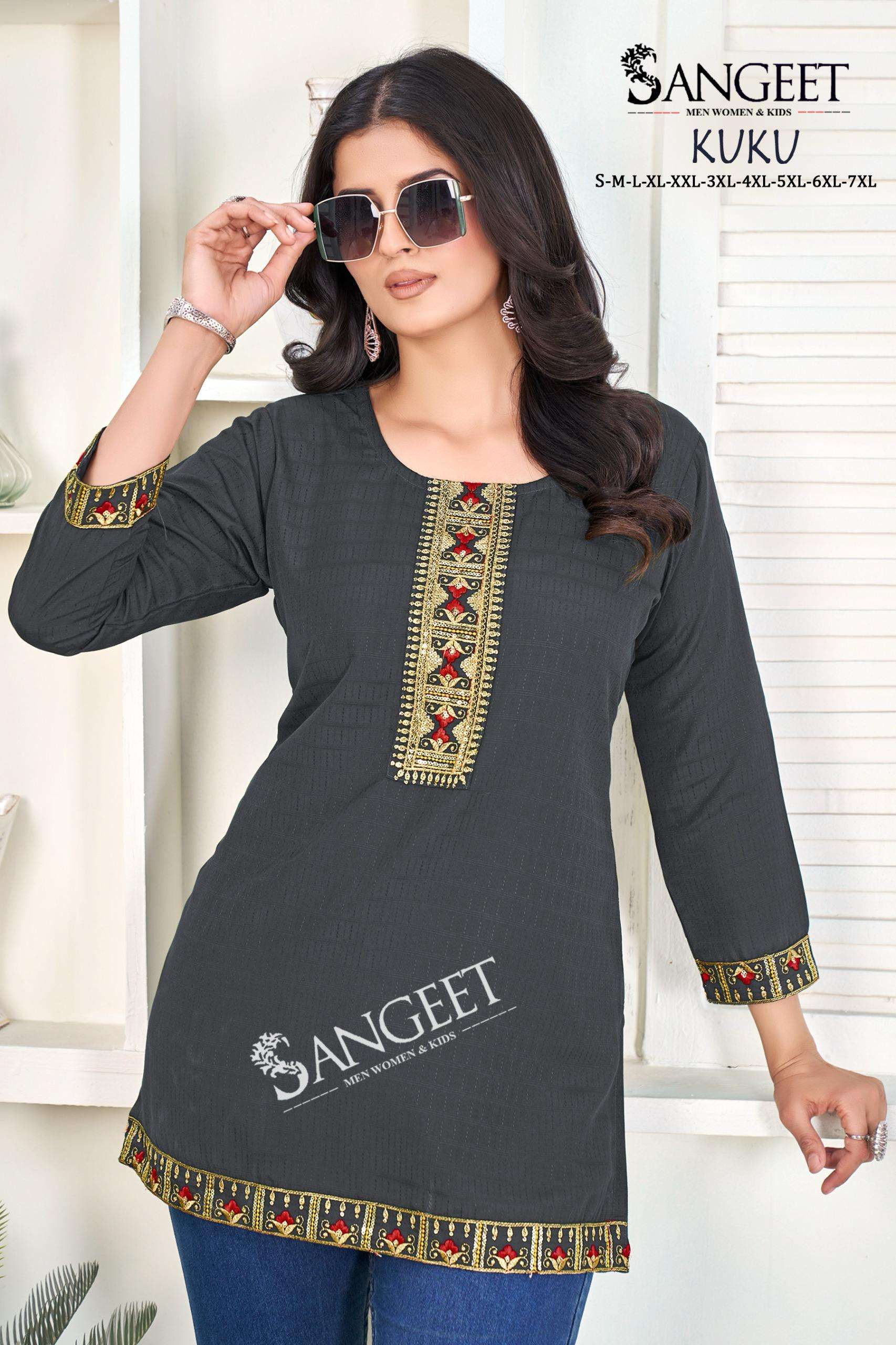 SANGEET KUKU RAYON FANCY WORK LADIES SHORT KURTI