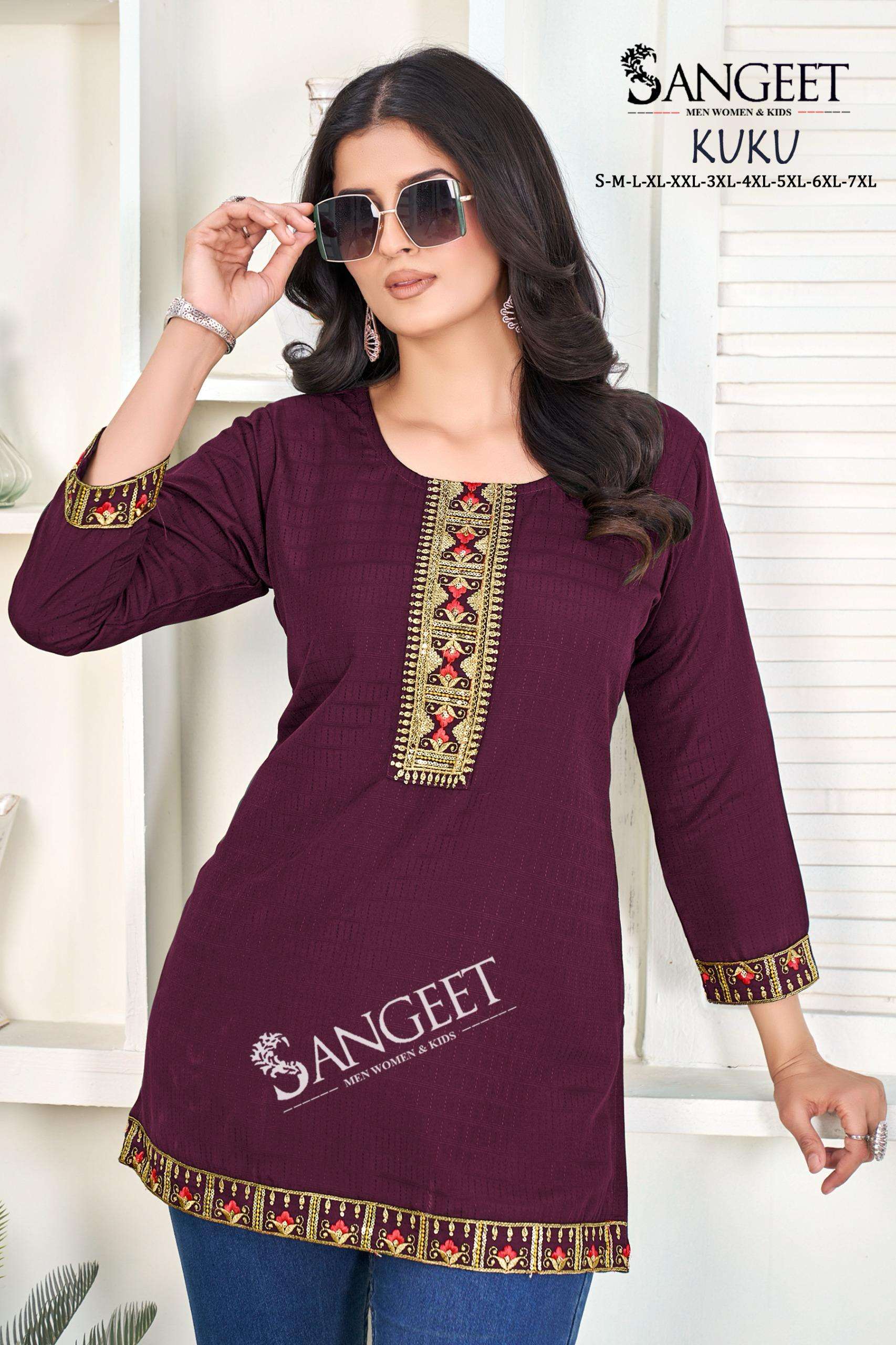 SANGEET KUKU RAYON FANCY WORK LADIES SHORT KURTI