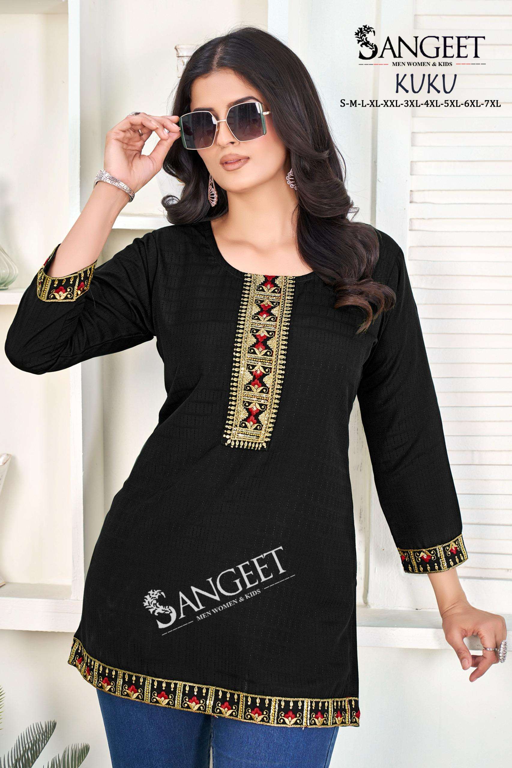 SANGEET KUKU RAYON FANCY WORK LADIES SHORT KURTI
