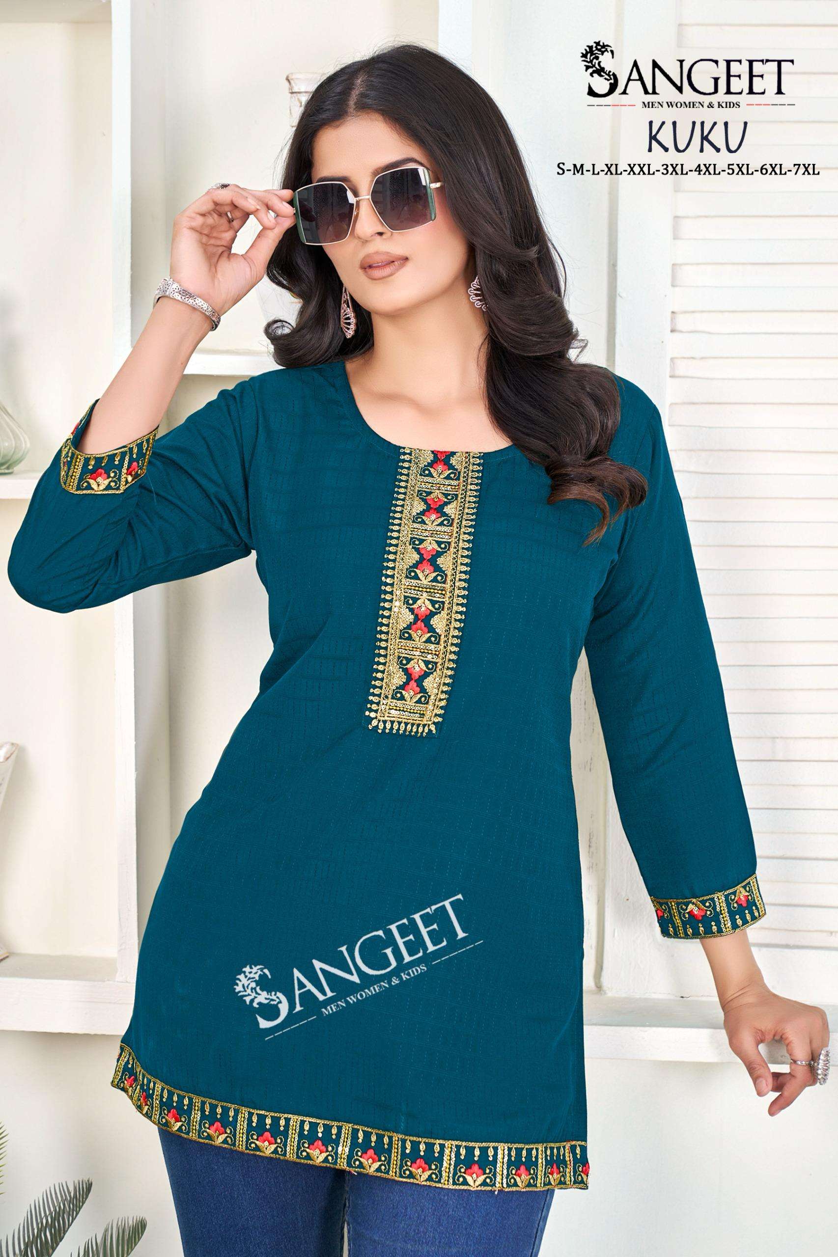 SANGEET KUKU RAYON FANCY WORK LADIES SHORT KURTI