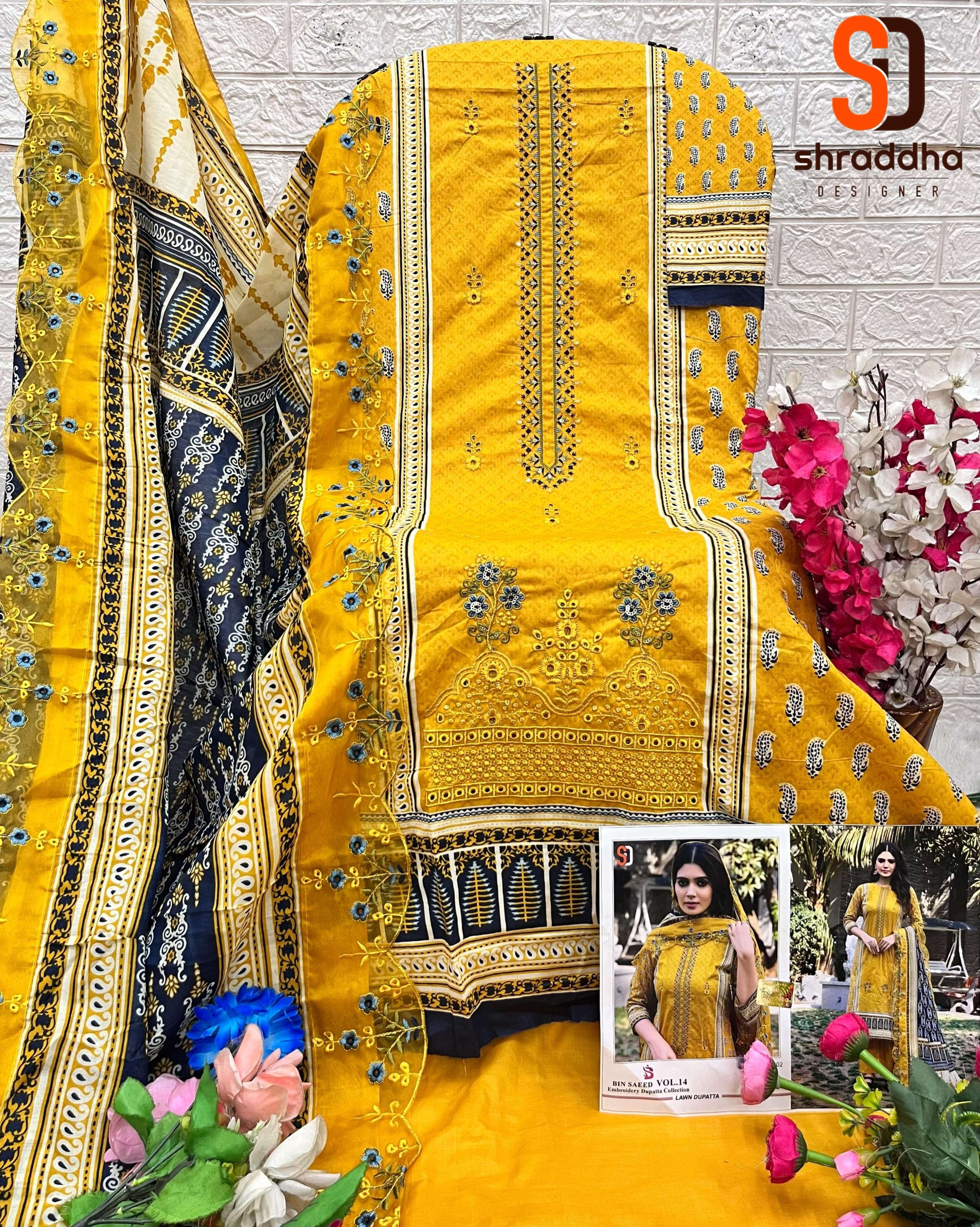 SHARADDHA DESIGNER BIN SAEED LAWN COLLECTION VOL 14 COTTON EMBROIDERY SUIT