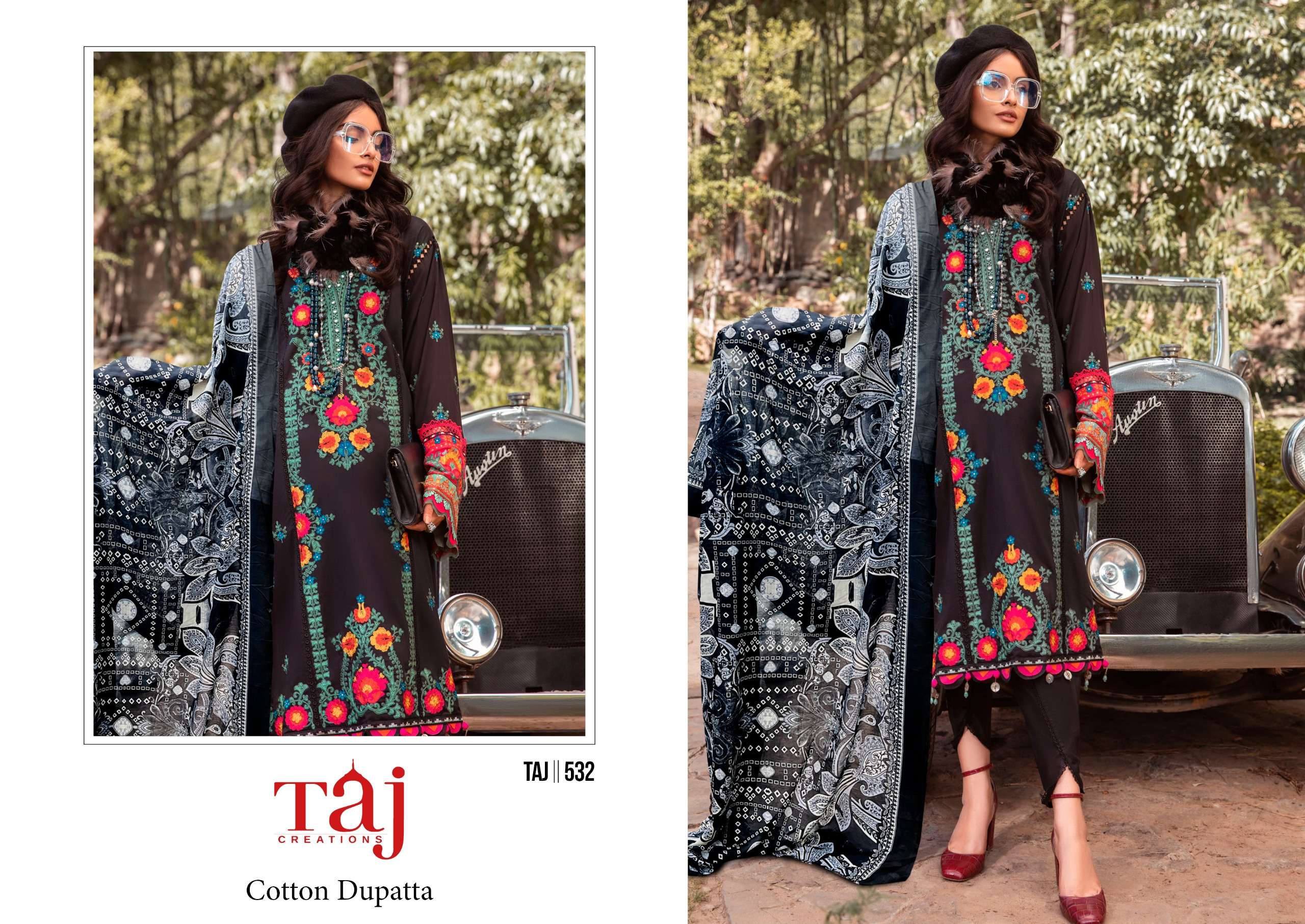 TAJ CREATIONS DESIGN NO - 532 PURE COTTON PRINT HEAVY SELF EMBROIDERED SALWAR SUIT