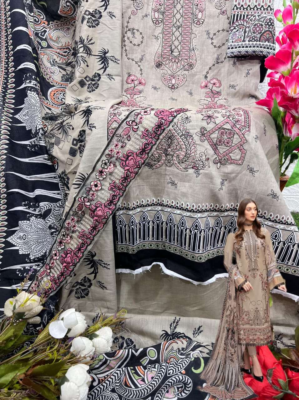 TAJ CREATIONS DESIGN NO - 582 PURE COTTON PRINT HEAVY SELF EMBROIDERED PAKISTANI SALWAR SUIT