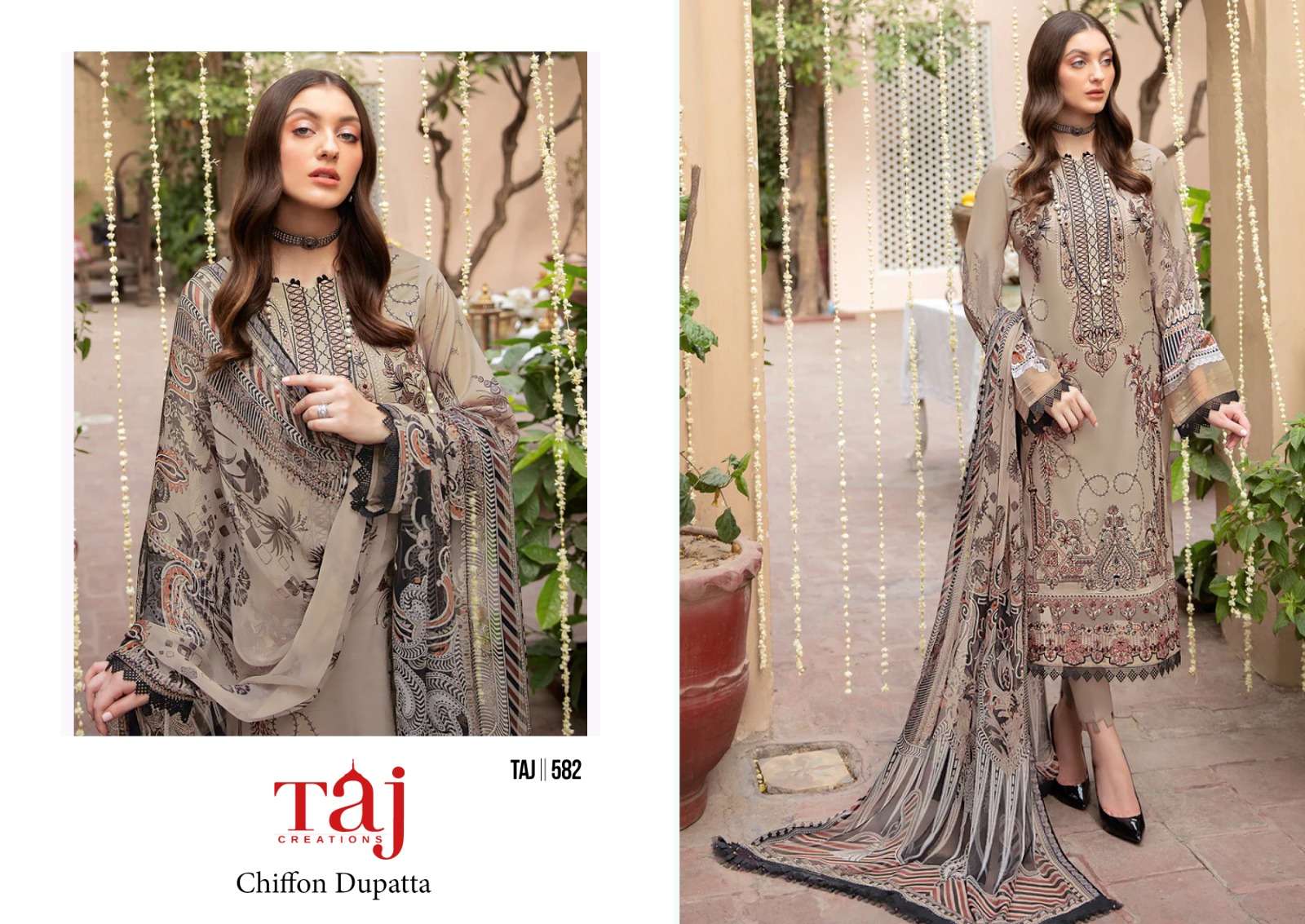 TAJ CREATIONS DESIGN NO - 582 PURE COTTON PRINT HEAVY SELF EMBROIDERED PAKISTANI SALWAR SUIT