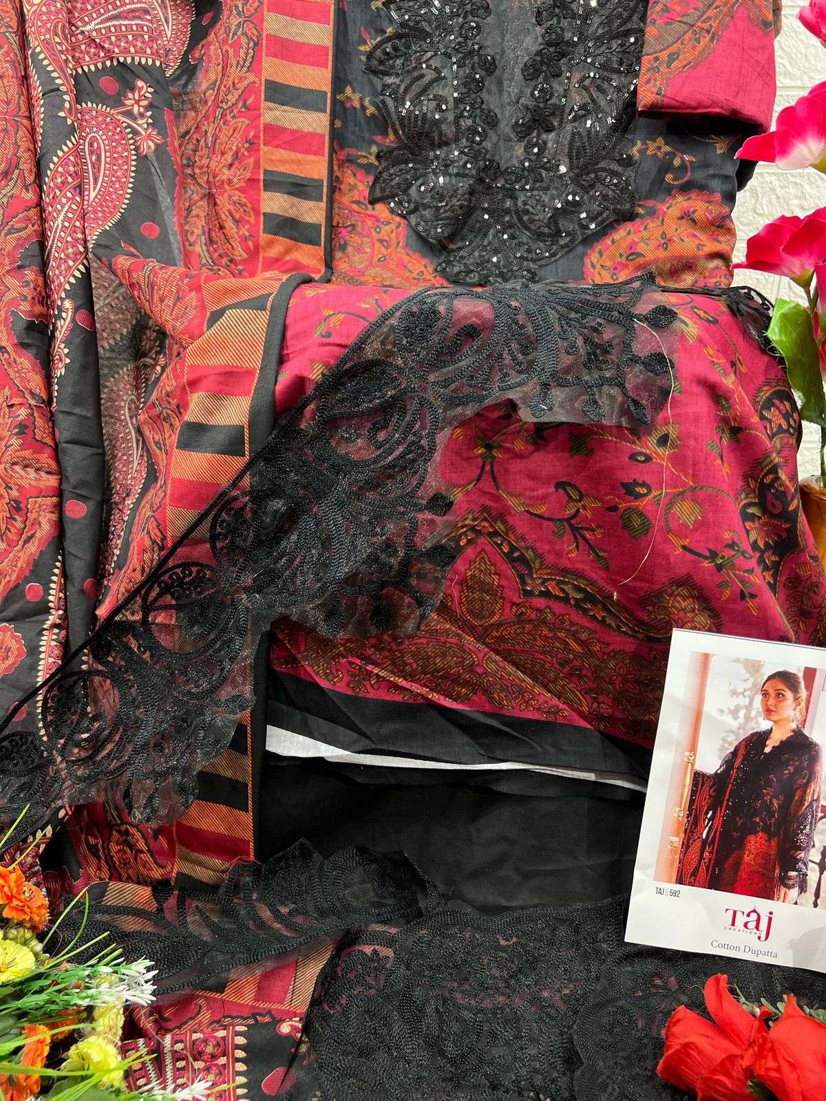 TAJ CREATIONS DESIGN NO - 592 PURE COTTON PRINT HEAVY EMBROIDERED PATCHES PAKISTANI SALWAR SUIT 