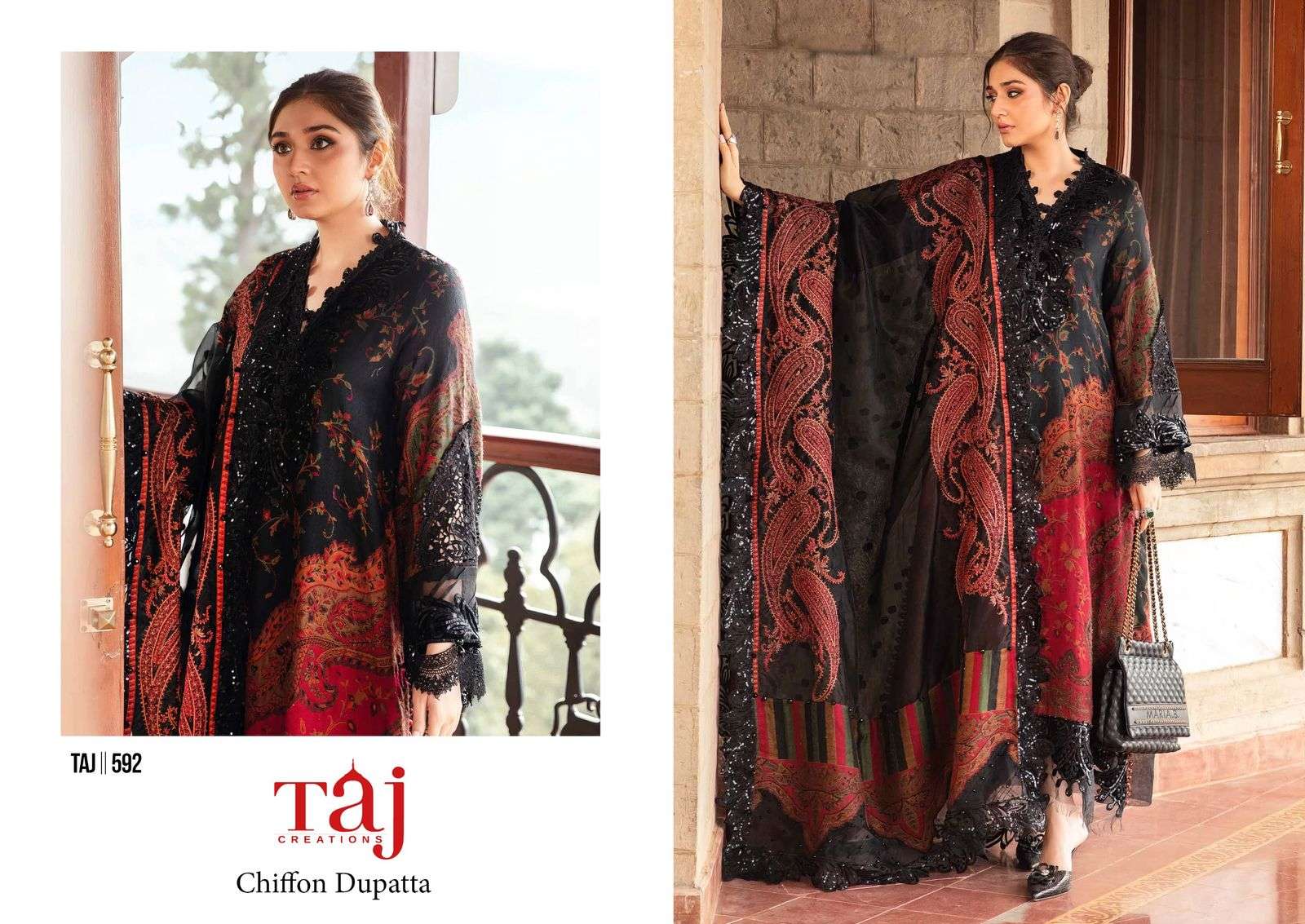 TAJ CREATIONS DESIGN NO - 592 PURE COTTON PRINT HEAVY EMBROIDERED PATCHES PAKISTANI SALWAR SUIT 