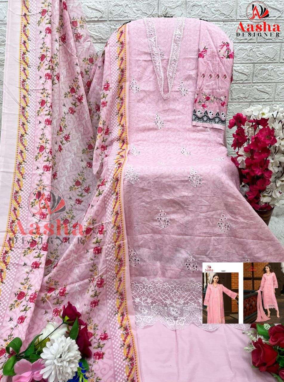 AASHA DESIGNER DESIGN NO - 1116-1117 PURE CAMBRIC COTTON PRINT CHIKANKARI PATCH EMBROIDERED PAKISTANI SALWAR SUIT