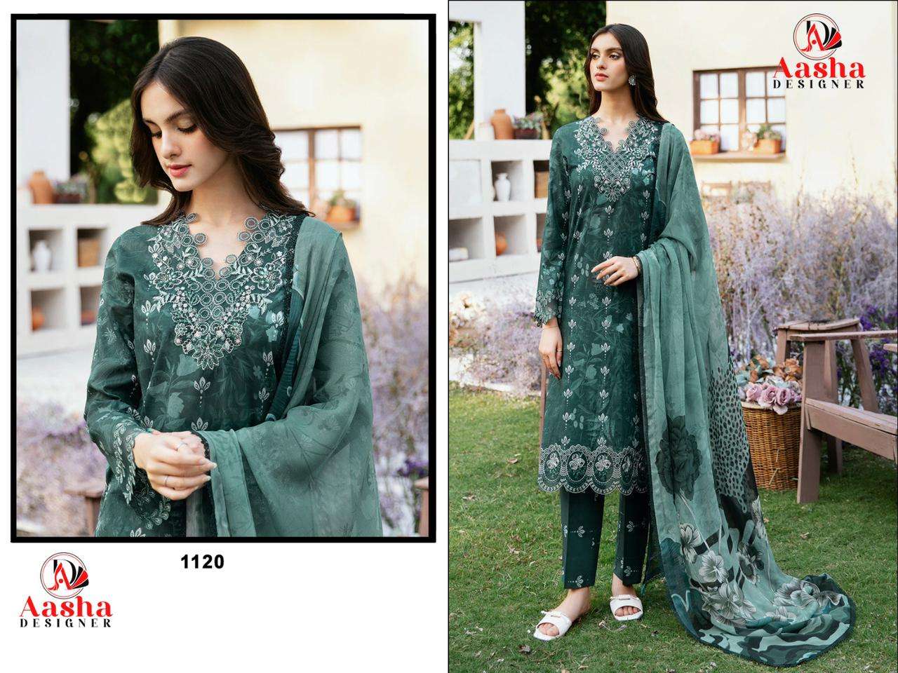 AASHA DESIGNER DESIGN NO - 1120 PURE COTTON PRINT EXCLUSIVE PATCH EMBROIDERED PAKISTANI SALWAR SUIT 