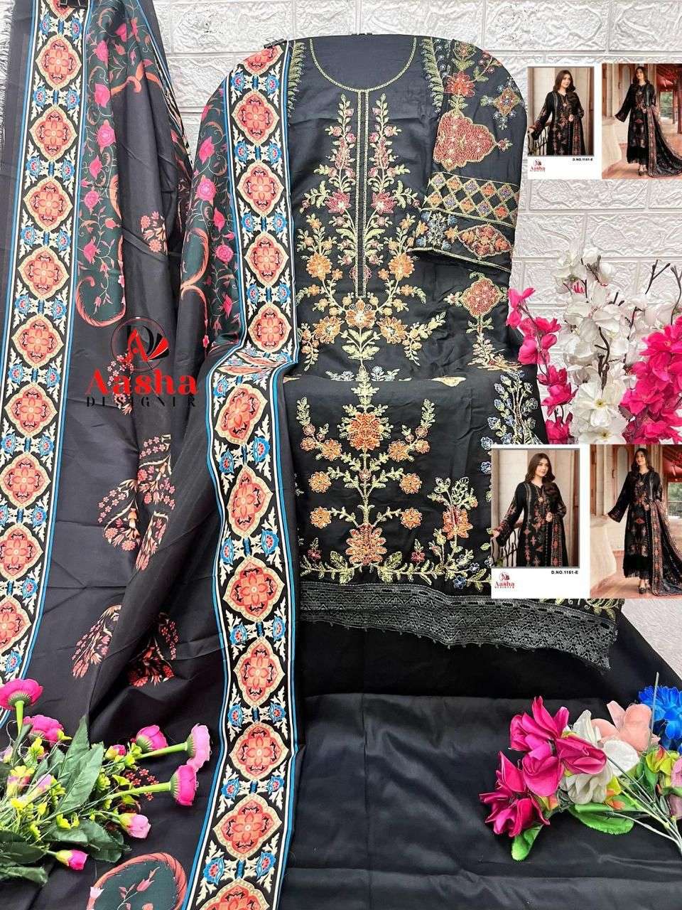 AASHA DESIGNER DESIGN NO - 1151 HEAVY RAYON SELF EMBROIDERED WORK GPO LACE PAKISTANI SUIT