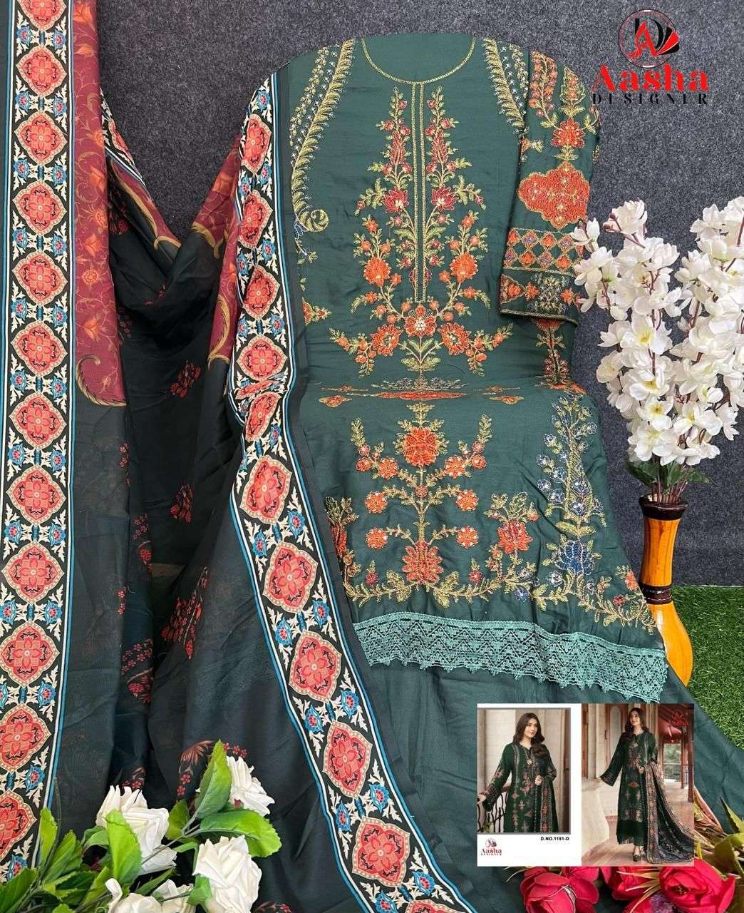 AASHA DESIGNER DESIGN NO - 1151 HEAVY RAYON SELF EMBROIDERED WORK GPO LACE PAKISTANI SUIT