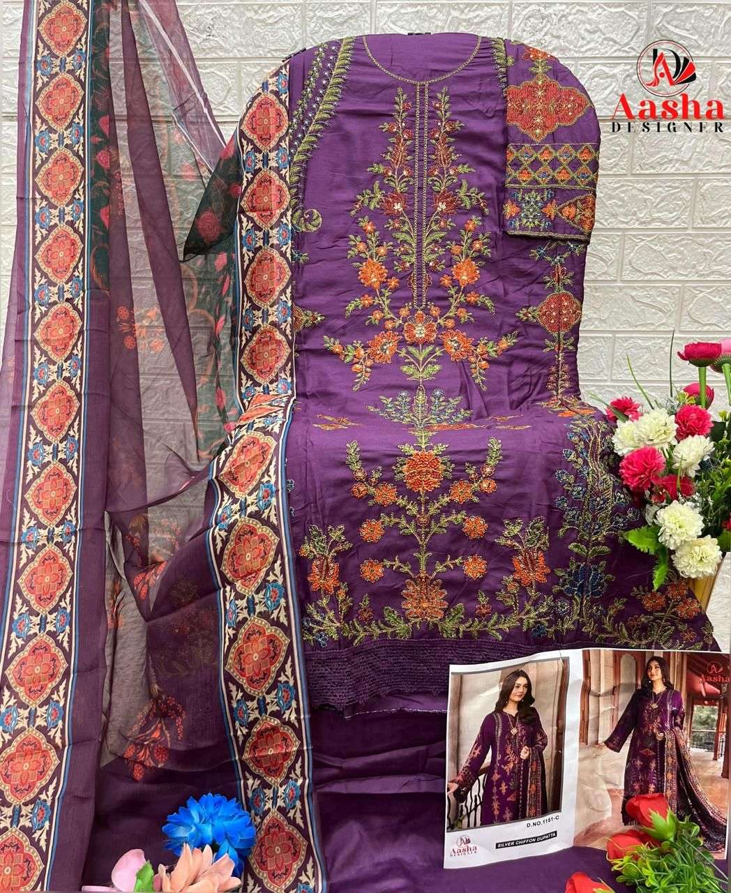 AASHA DESIGNER DESIGN NO - 1151 HEAVY RAYON SELF EMBROIDERED WORK GPO LACE PAKISTANI SUIT