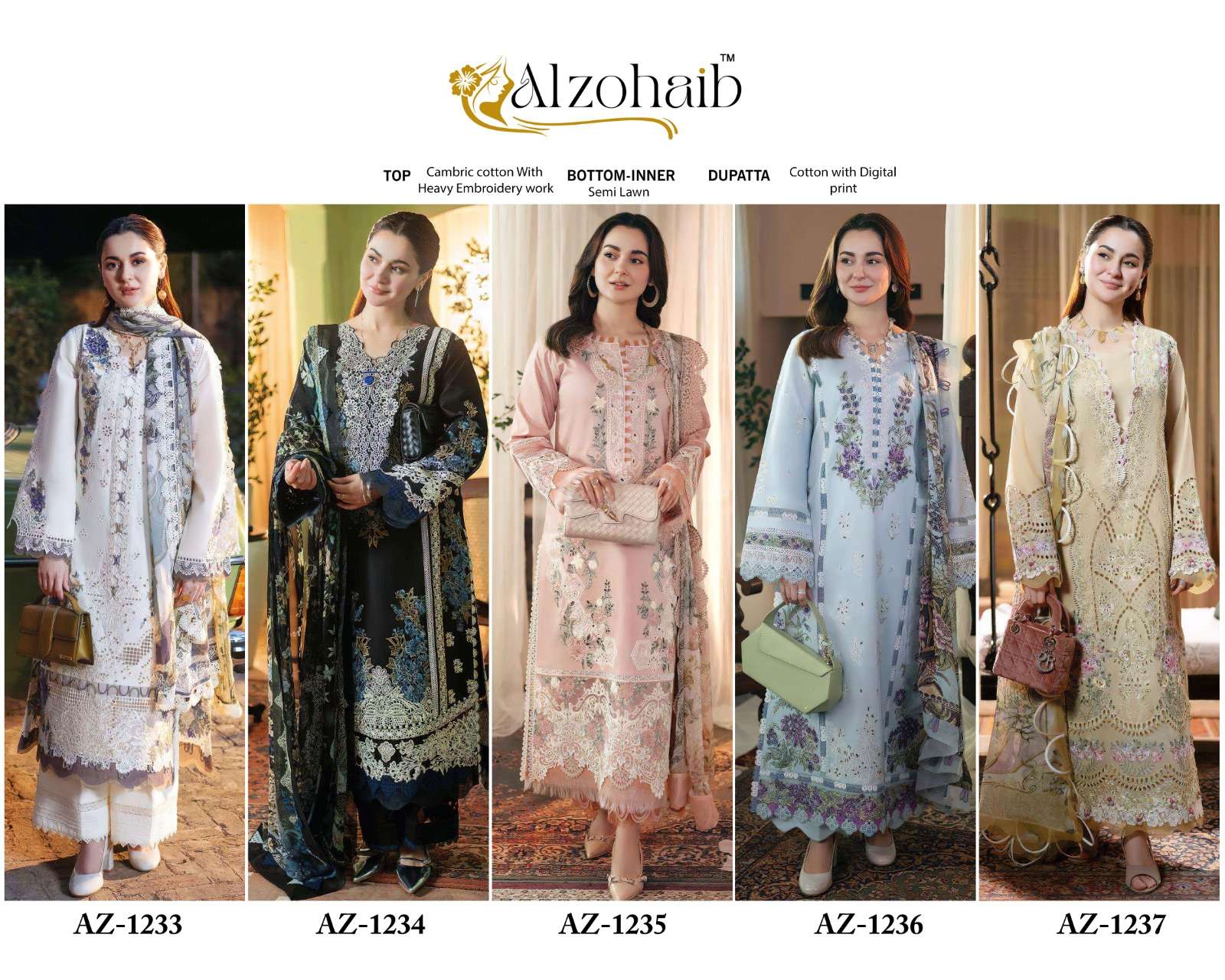 AL ZOHAIB DESIGN NO - 1233-1234-1235-1236-1237 PURE COTTON PRINT WITH WORK PAKISTANI SALWAR SUIT 
