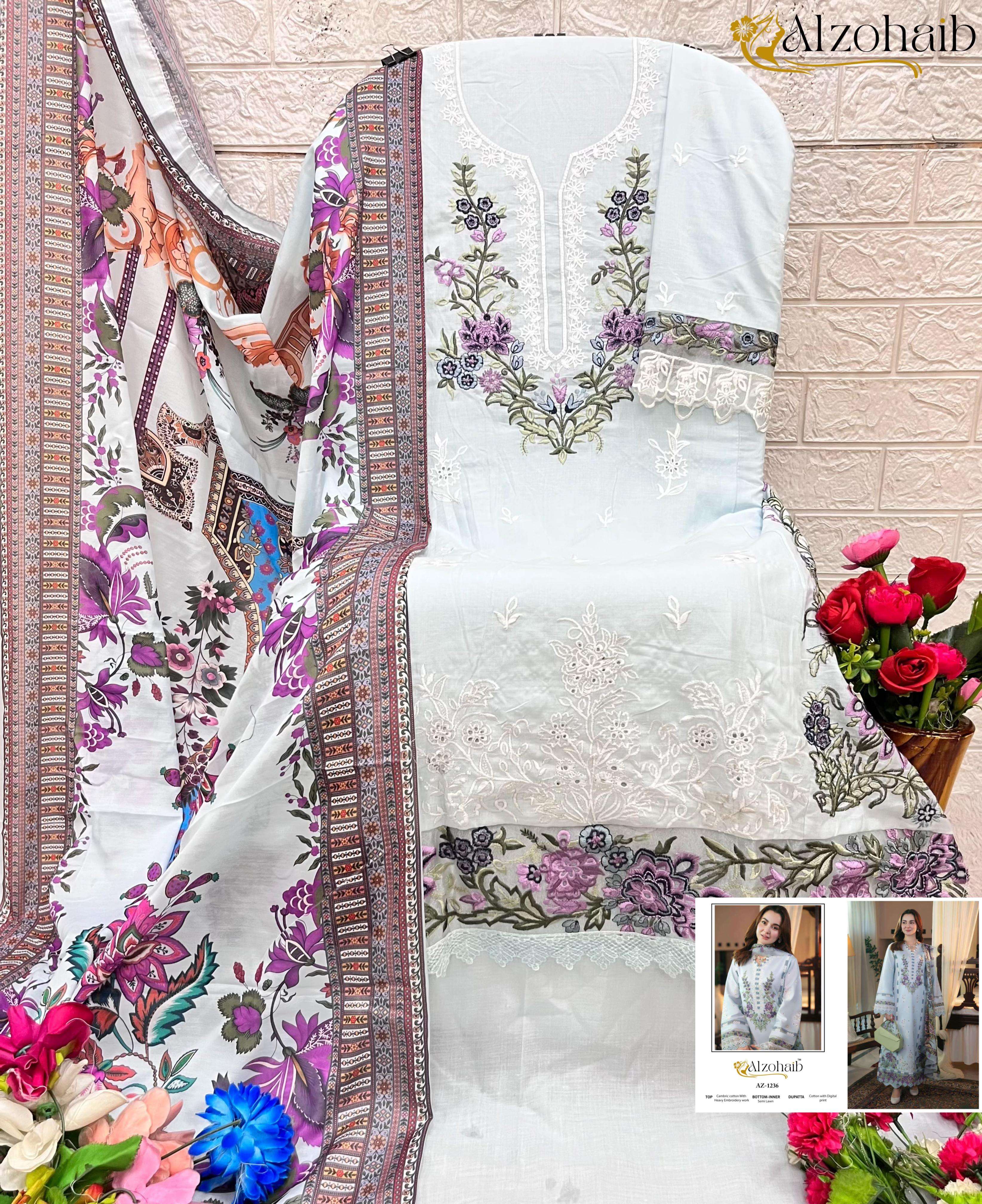 AL ZOHAIB DESIGN NO - 1233-1234-1235-1236-1237 PURE COTTON PRINT WITH WORK PAKISTANI SALWAR SUIT 