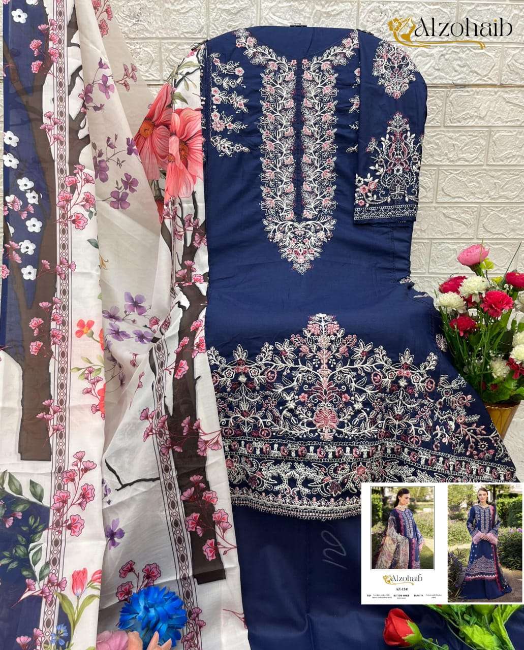 AL ZOHAIB DESIGN NO - 1241-1242-1243-1244-1245 PURE COTTON PRINT WORK PAKISTANI SALWAR SUIT 