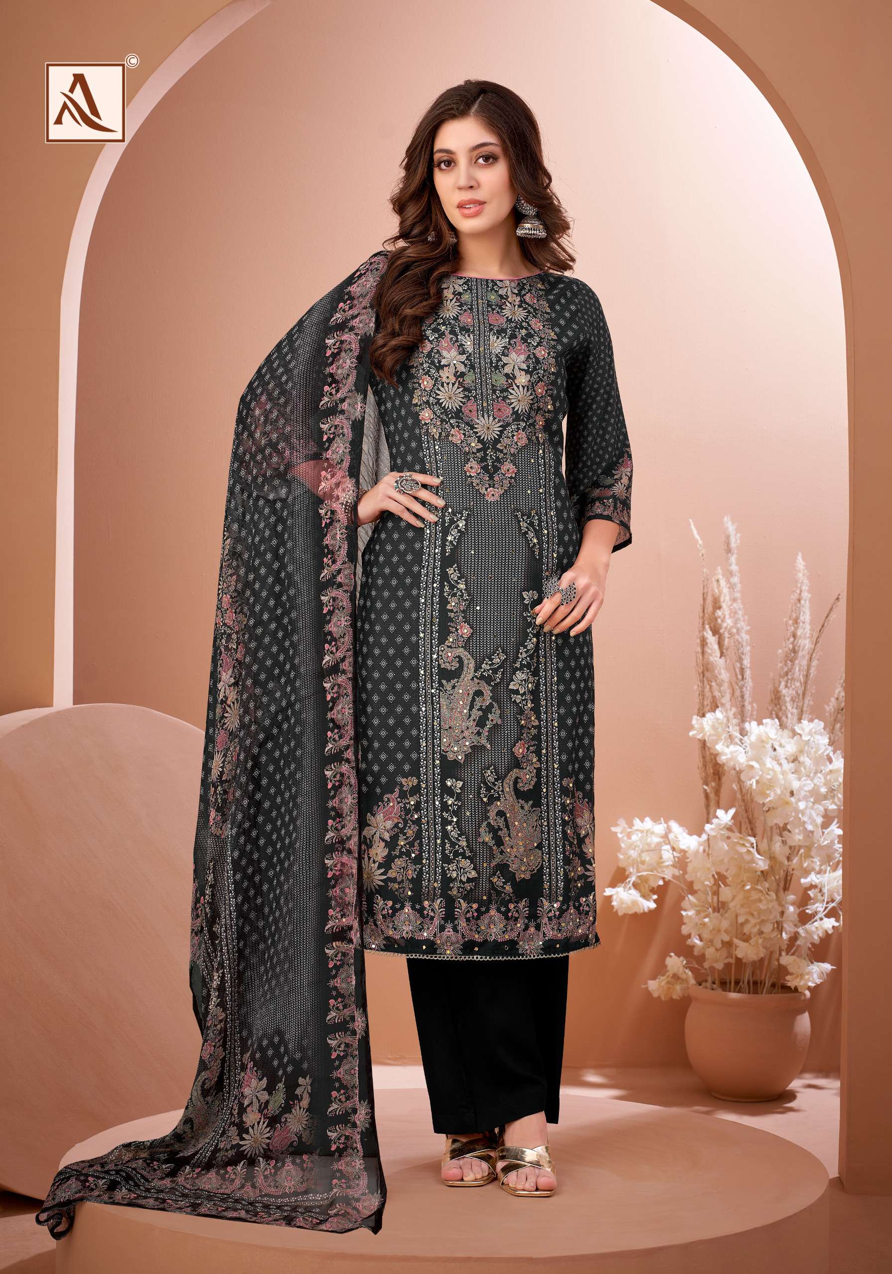 ALOK SUITS BLACK MIRROR VISCOSE DIGITAL PRINT WITH FANCY WORK SUIT