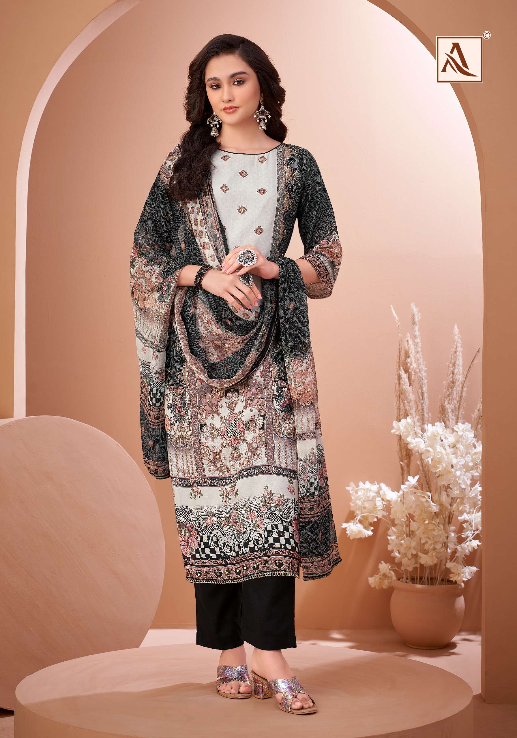 ALOK SUITS BLACK MIRROR VISCOSE DIGITAL PRINT WITH FANCY WORK SUIT