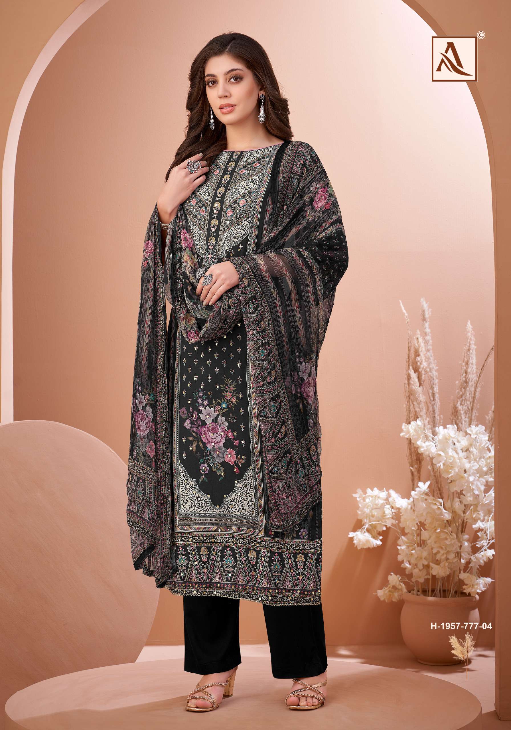 ALOK SUITS BLACK MIRROR VISCOSE DIGITAL PRINT WITH FANCY WORK SUIT