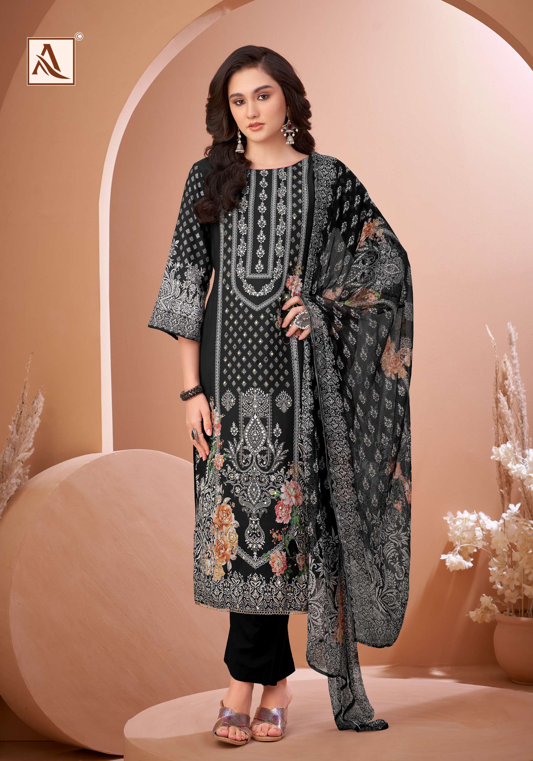 ALOK SUITS BLACK MIRROR VISCOSE DIGITAL PRINT WITH FANCY WORK SUIT