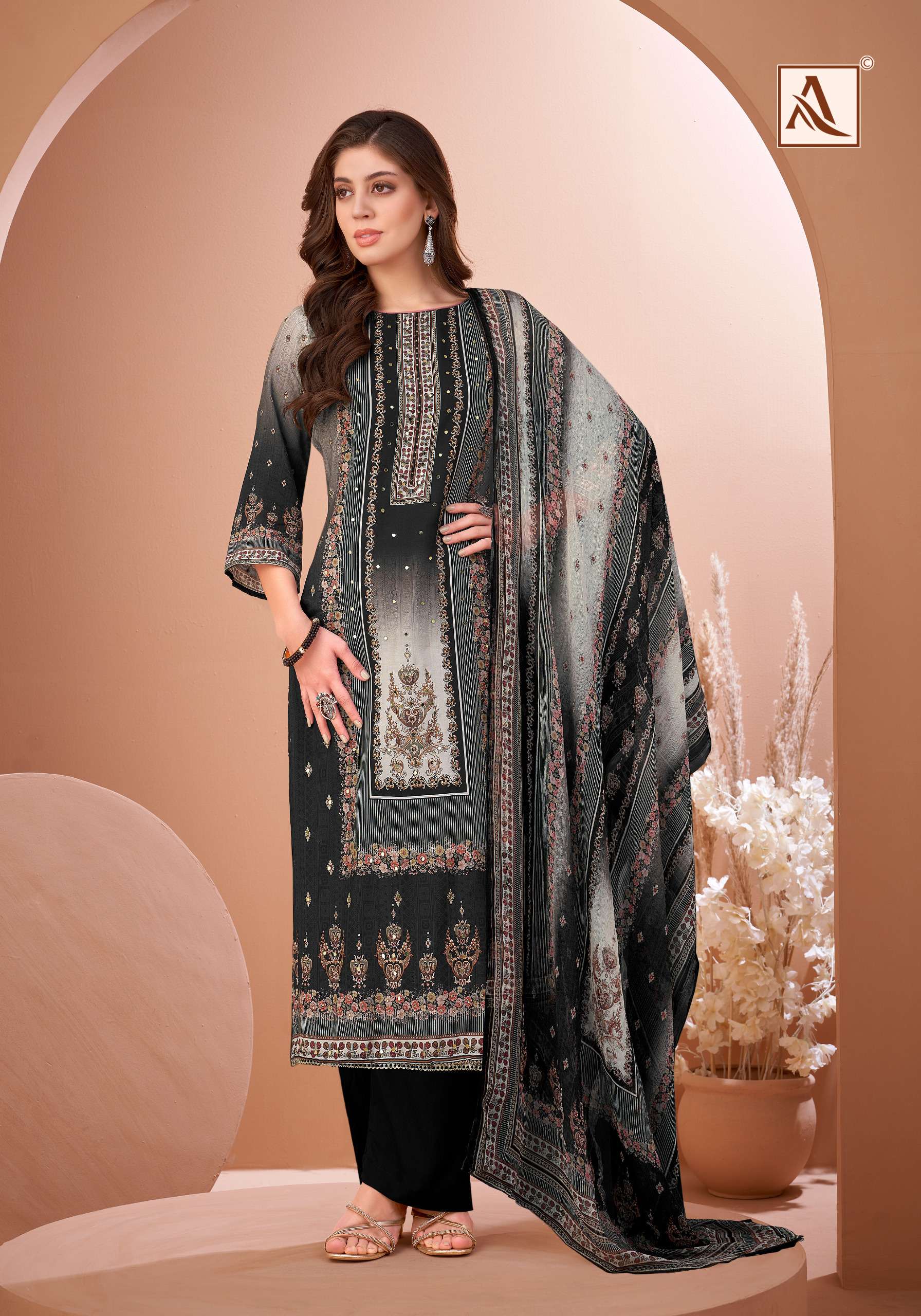 ALOK SUITS BLACK MIRROR VISCOSE DIGITAL PRINT WITH FANCY WORK SUIT