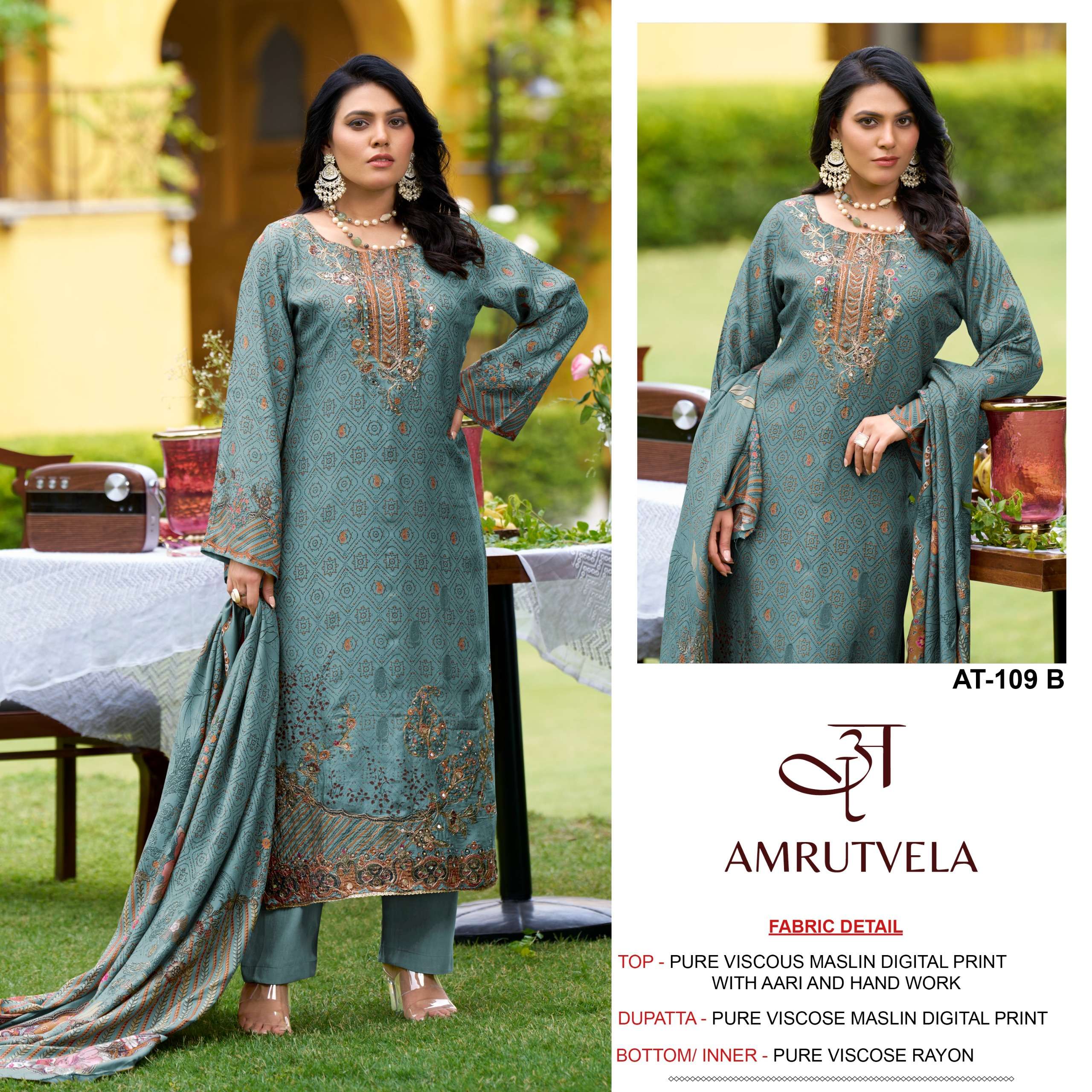 AMRUTVELA AT 109 VISCOSE DIGITAL PRINT WITH FANCY HAND WORK SUIT