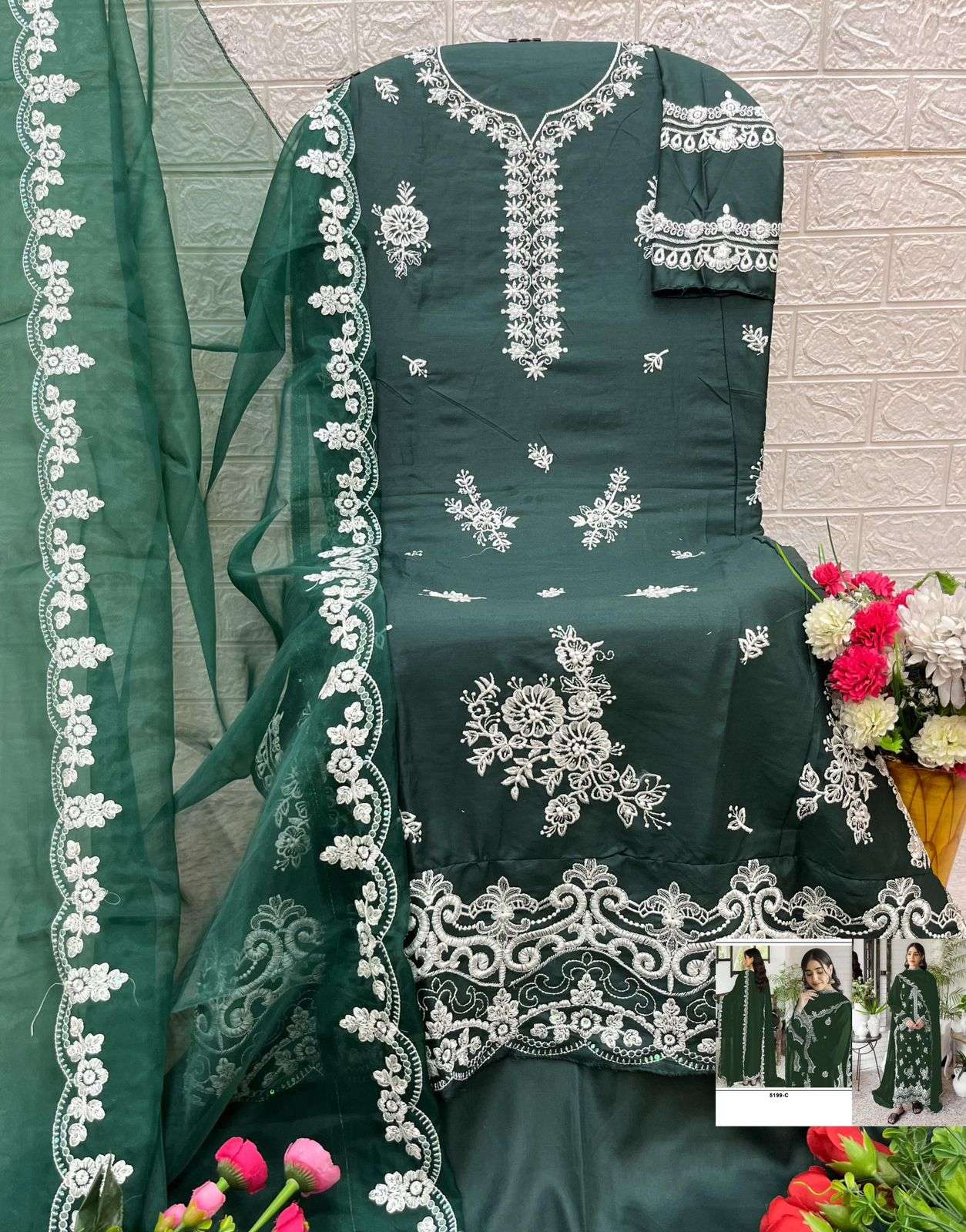 BANDHANI PALACE DESIGN NO - 5199 ABCD RAYON COTTON HEAVY EMBROIDERED PEARL MOTI WORK PAKISTANI SALWAR SUIT 
