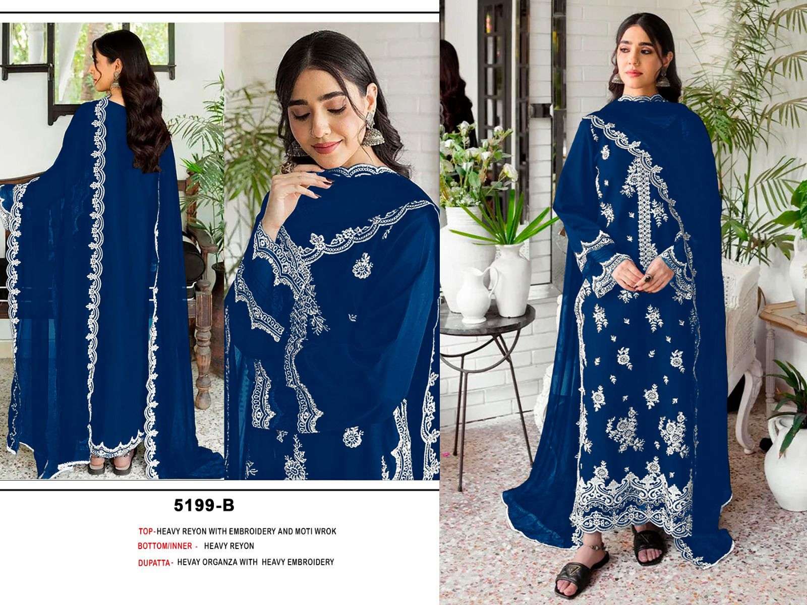 BANDHANI PALACE DESIGN NO - 5199 ABCD RAYON COTTON HEAVY EMBROIDERED PEARL MOTI WORK PAKISTANI SALWAR SUIT 