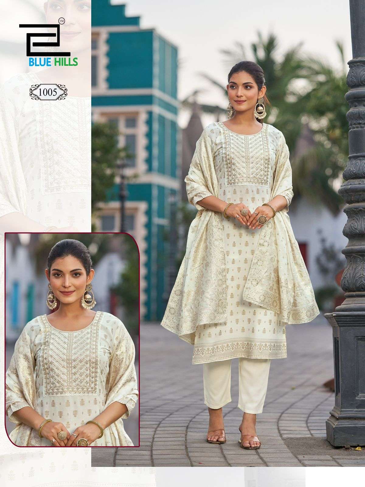 BLUE HILLS MADHURI RAYON FANCY EMBROIDERY WORKS LADIES KURTI COMBO SET