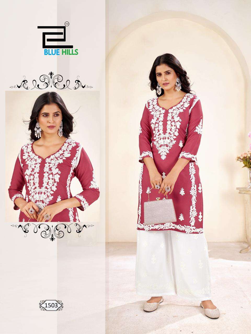 BLUE HILLS VICTORIA VOL 15 RAYON LUCKNOWI WORKS KURTI WITH PLAZZO SET