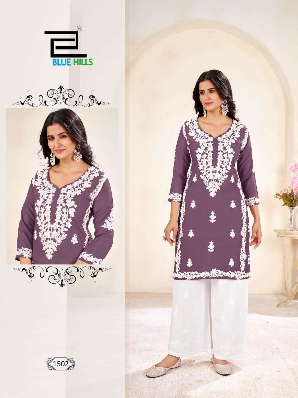 BLUE HILLS VICTORIA VOL 15 RAYON LUCKNOWI WORKS KURTI WITH PLAZZO SET