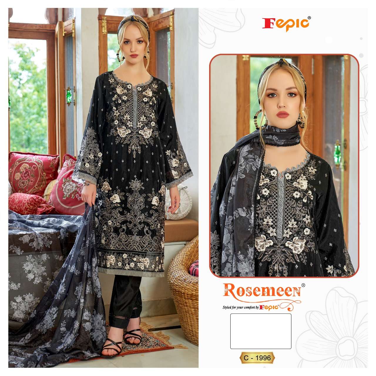 FEPIC ROSEMEEN C 1996 ORGANZA EMBROIDERED DESIGNER SUIT