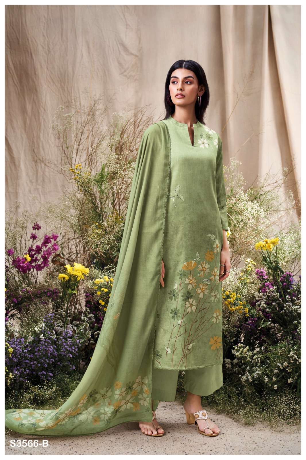 GANGA ELA 3566 LINEN COTTON PRINTED WITH EMBROIDERY WORK SUIT