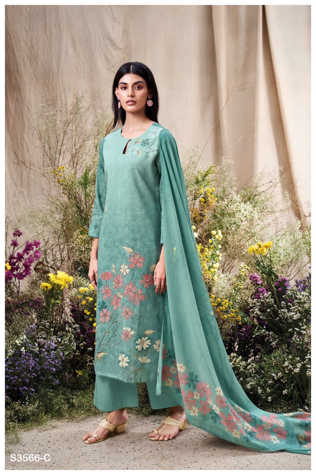 GANGA ELA 3566 LINEN COTTON PRINTED WITH EMBROIDERY WORK SUIT