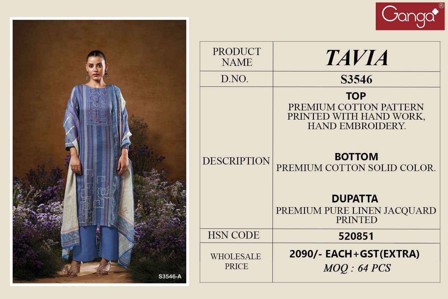 GANGA TAVIA 3546 COTTON PRINT WITH HAND WORK DESIGNER SUIT