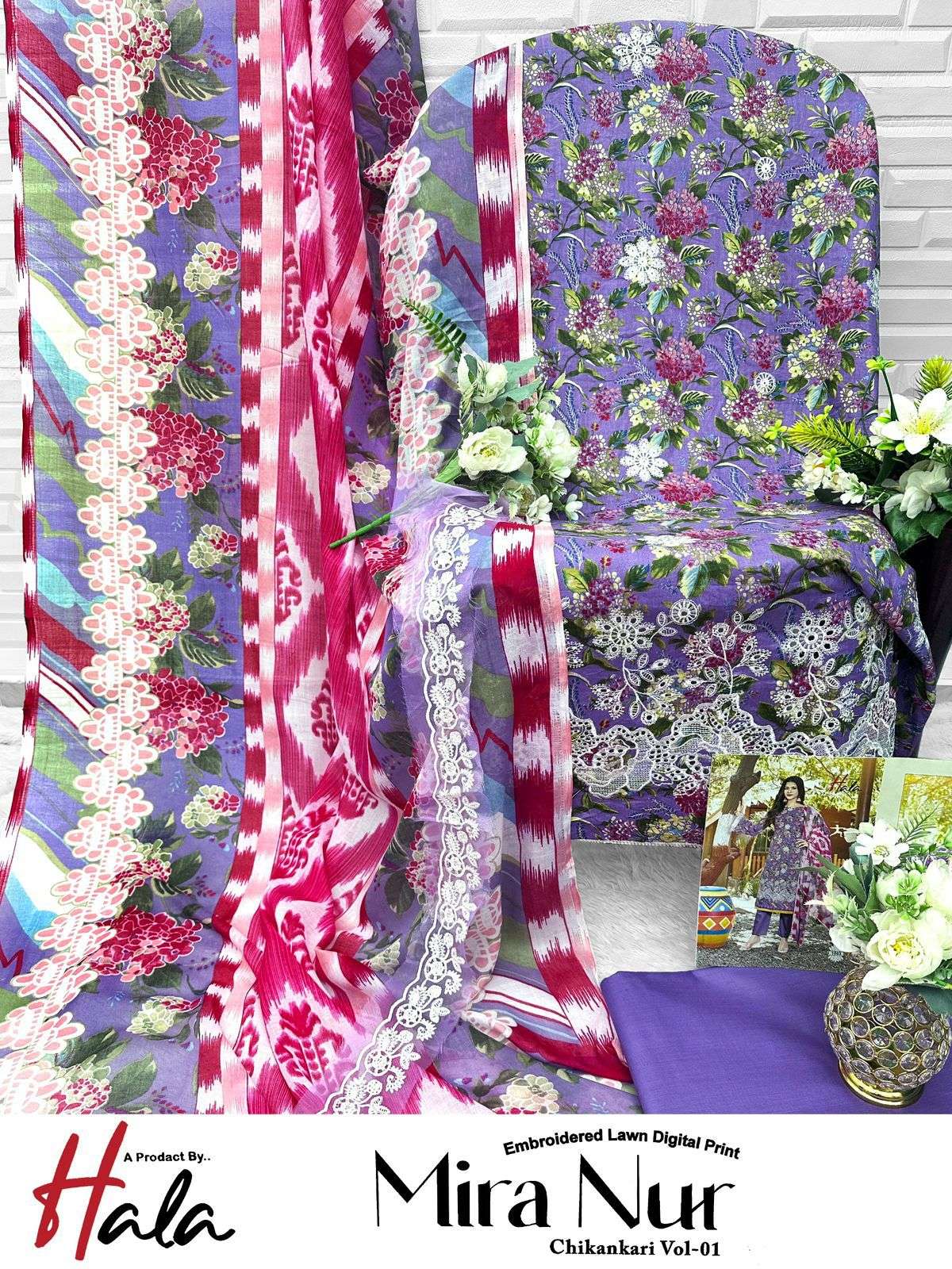 HALA TRADERS MIRA NUR VOL 1 COTTON PRINT WITH EMBROIDERY WORK SUIT