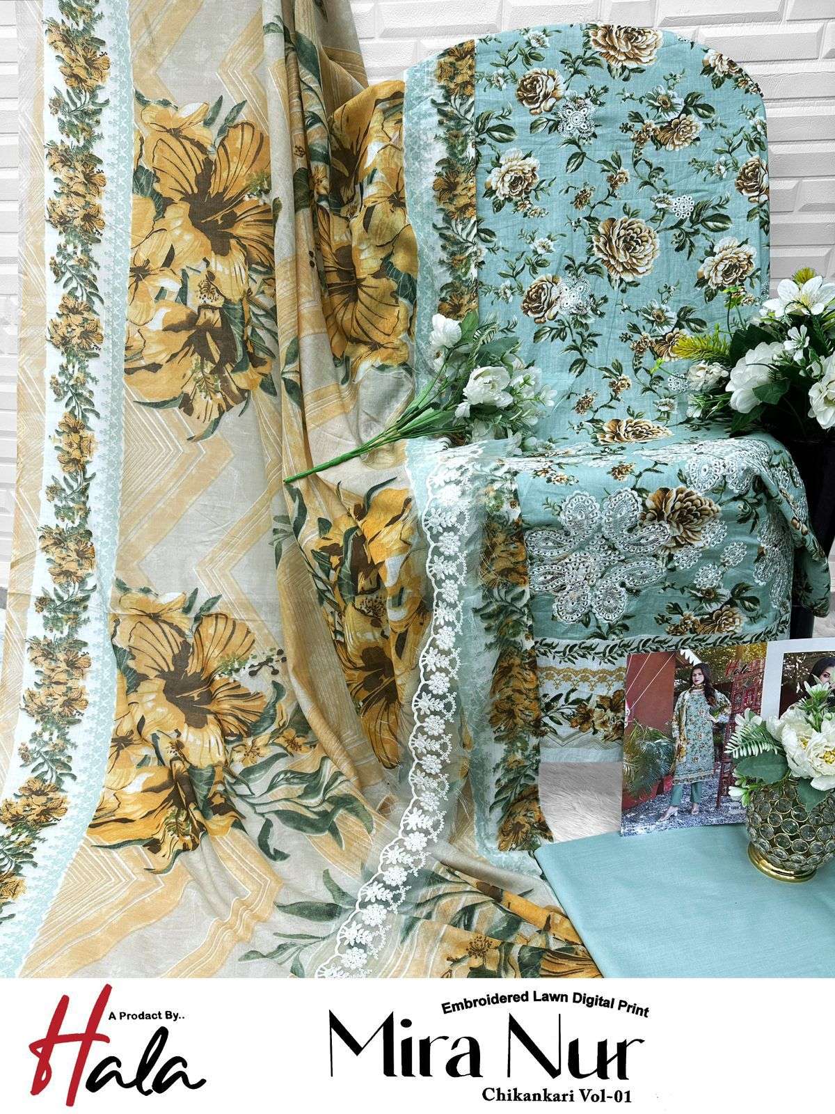 HALA TRADERS MIRA NUR VOL 1 COTTON PRINT WITH EMBROIDERY WORK SUIT