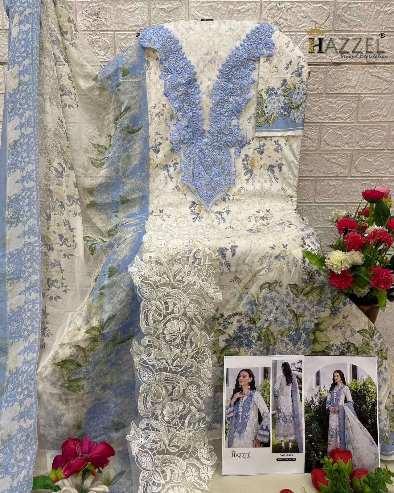 HAZZEL D NO 0309 COTTON PRINTED WITH EMBROIDERY WORK SUIT