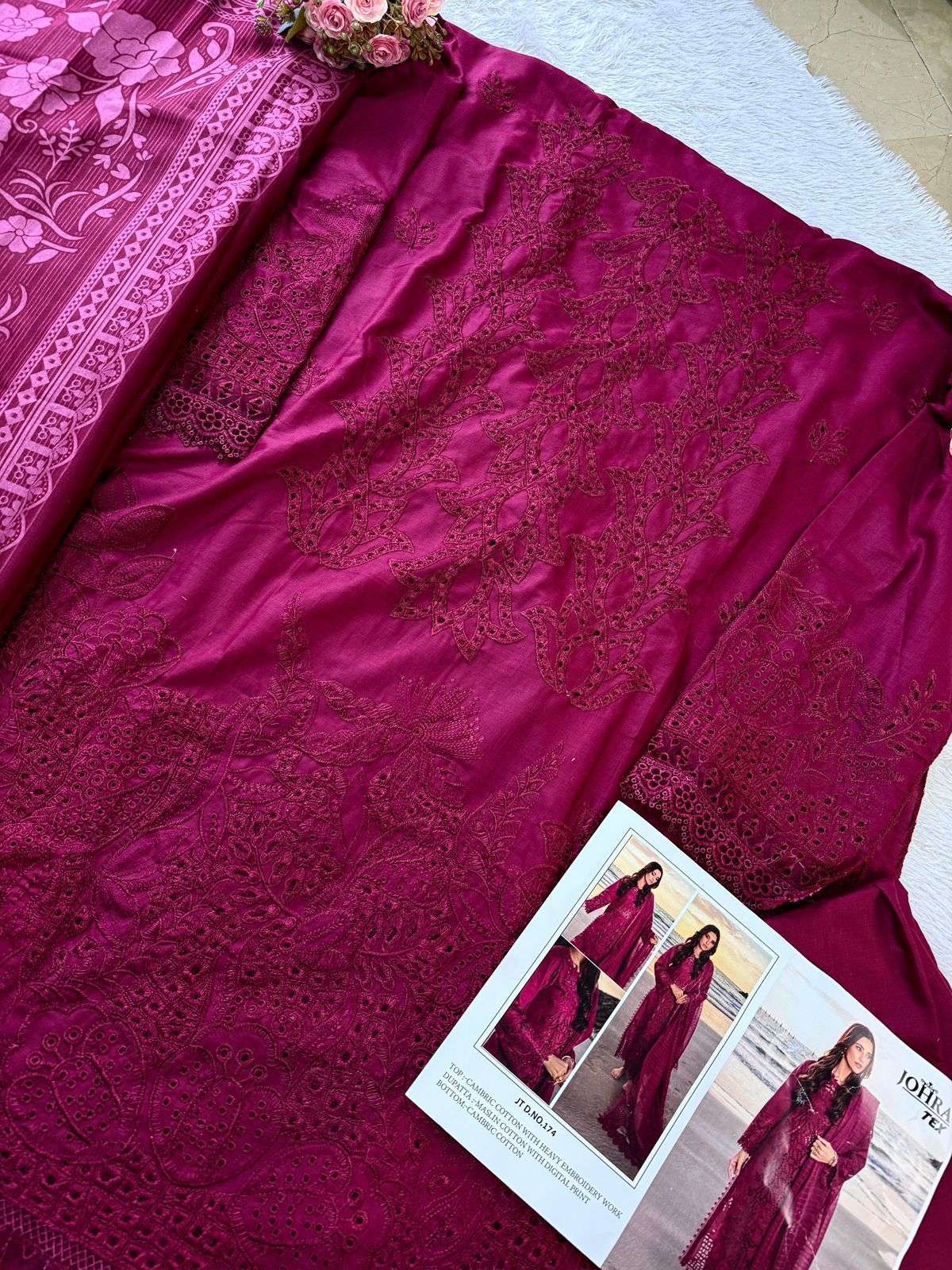 JOHRA TEX DESIGN NO - JT - 174 CAMBRIC COTTON HEAVY EMBROIDERED WORK PAKISTANI SALWAR SUIT 