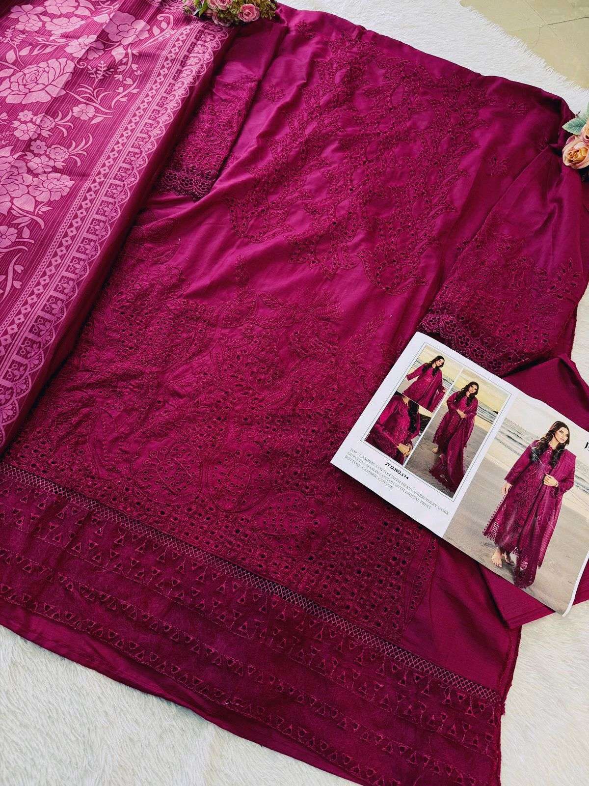 JOHRA TEX DESIGN NO - JT - 174 CAMBRIC COTTON HEAVY EMBROIDERED WORK PAKISTANI SALWAR SUIT 
