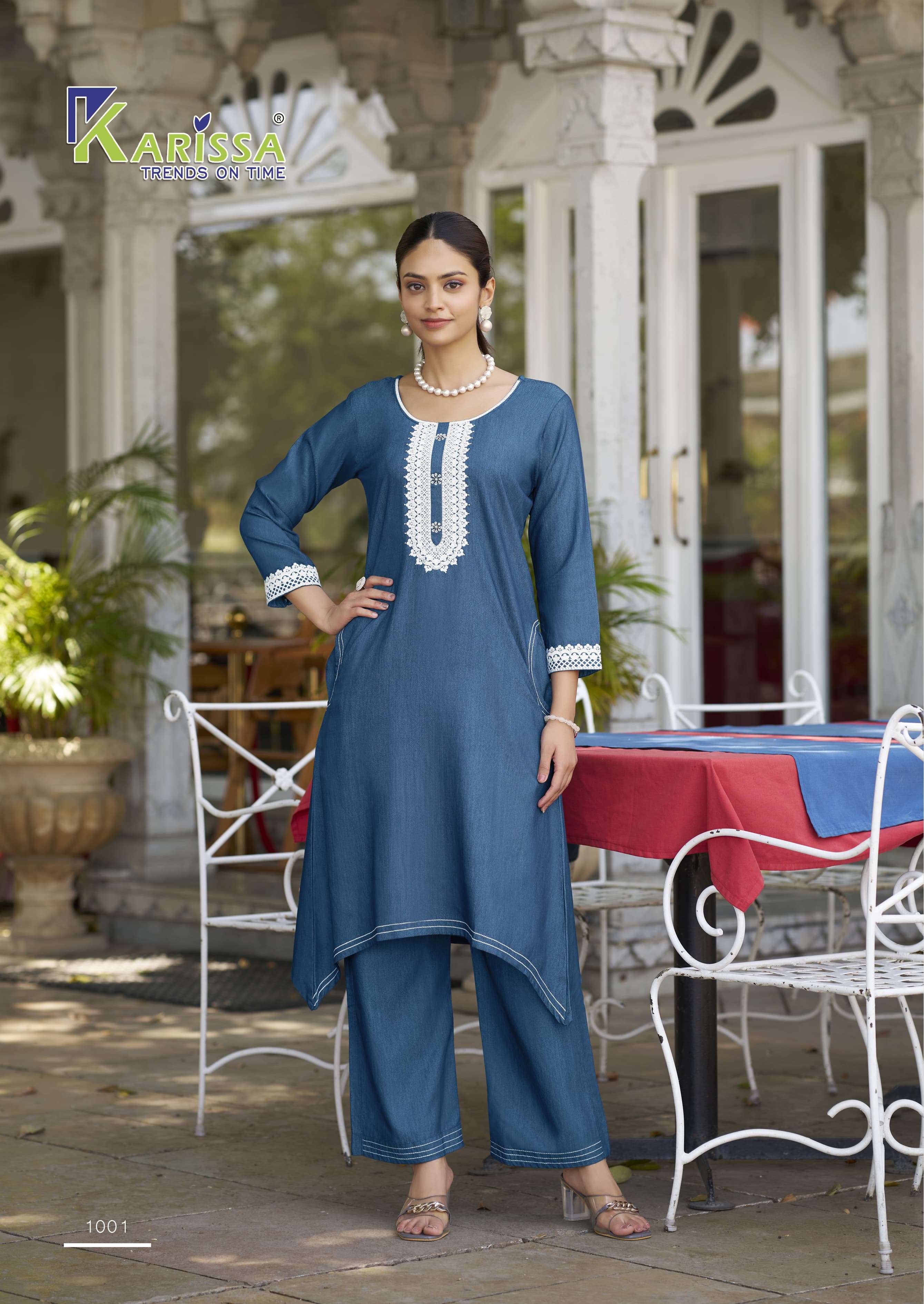 KARISSA ADITI DENIM FABRIC FANCY WORKS LADIES KURTI WITH PANT PAIR