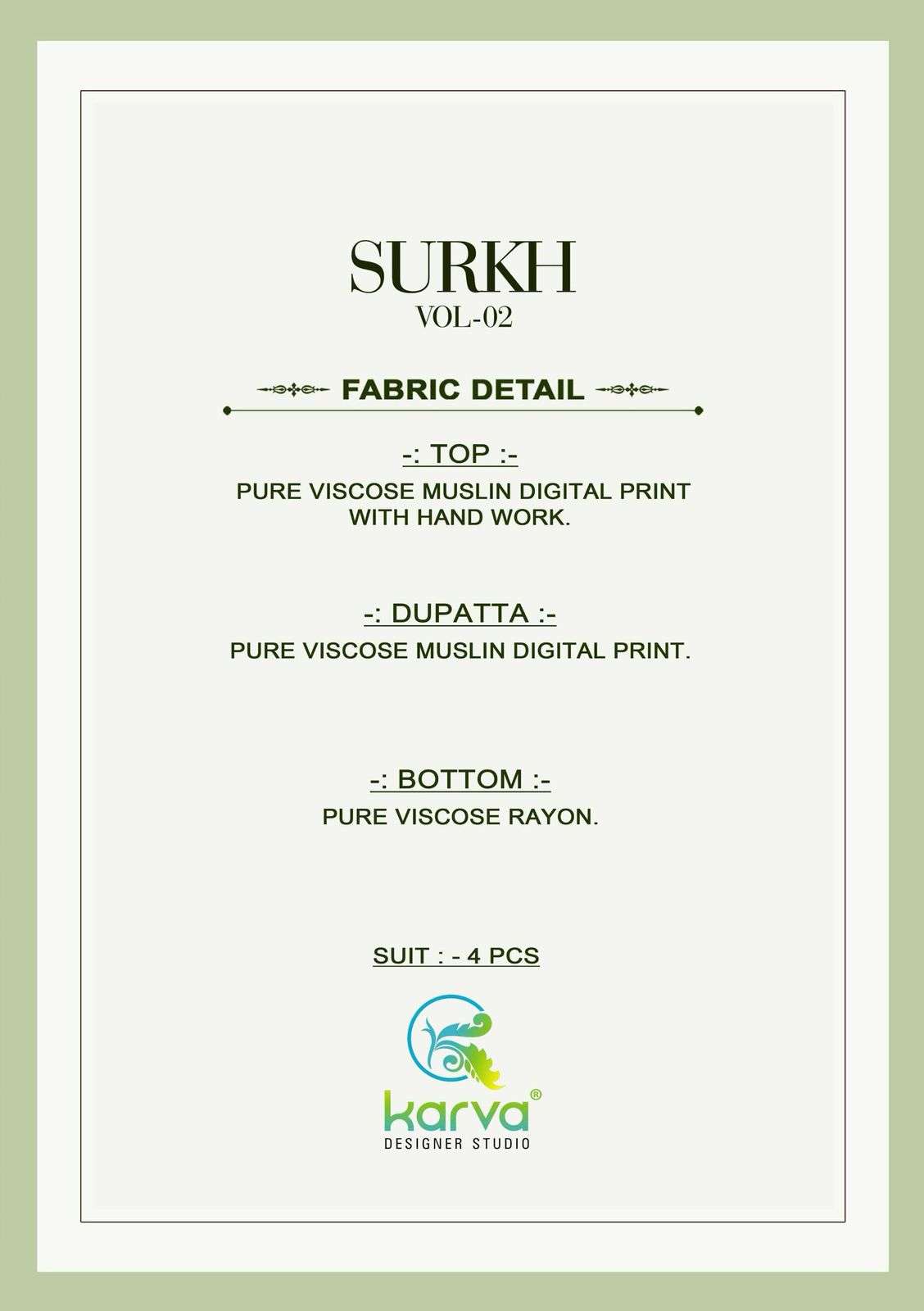 KARVA DESINER STUDIO SURKH VOL 2 VISCOSE DIGITAL PRINT WITH HAND WORK SUIT