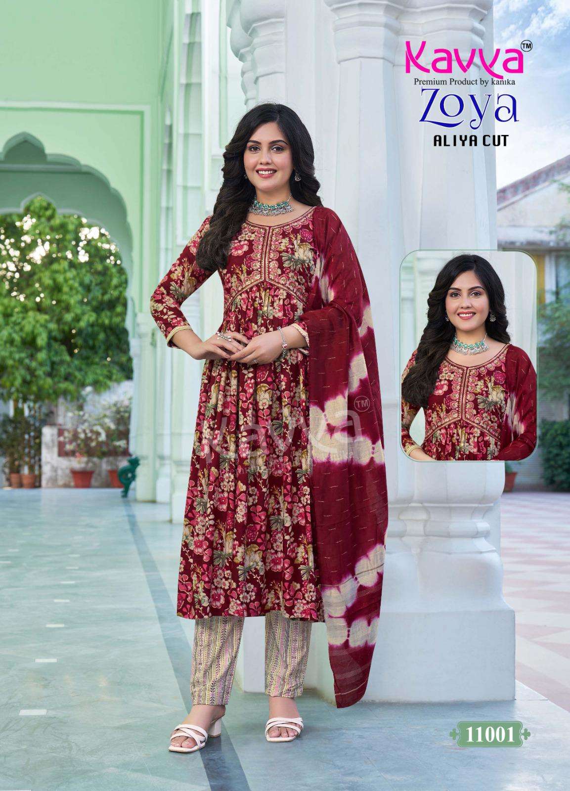 KAVYA ZOYA VOL 11 RAYON PRINT ALIA CUT STYLE LADIES KURTI COMBO SET